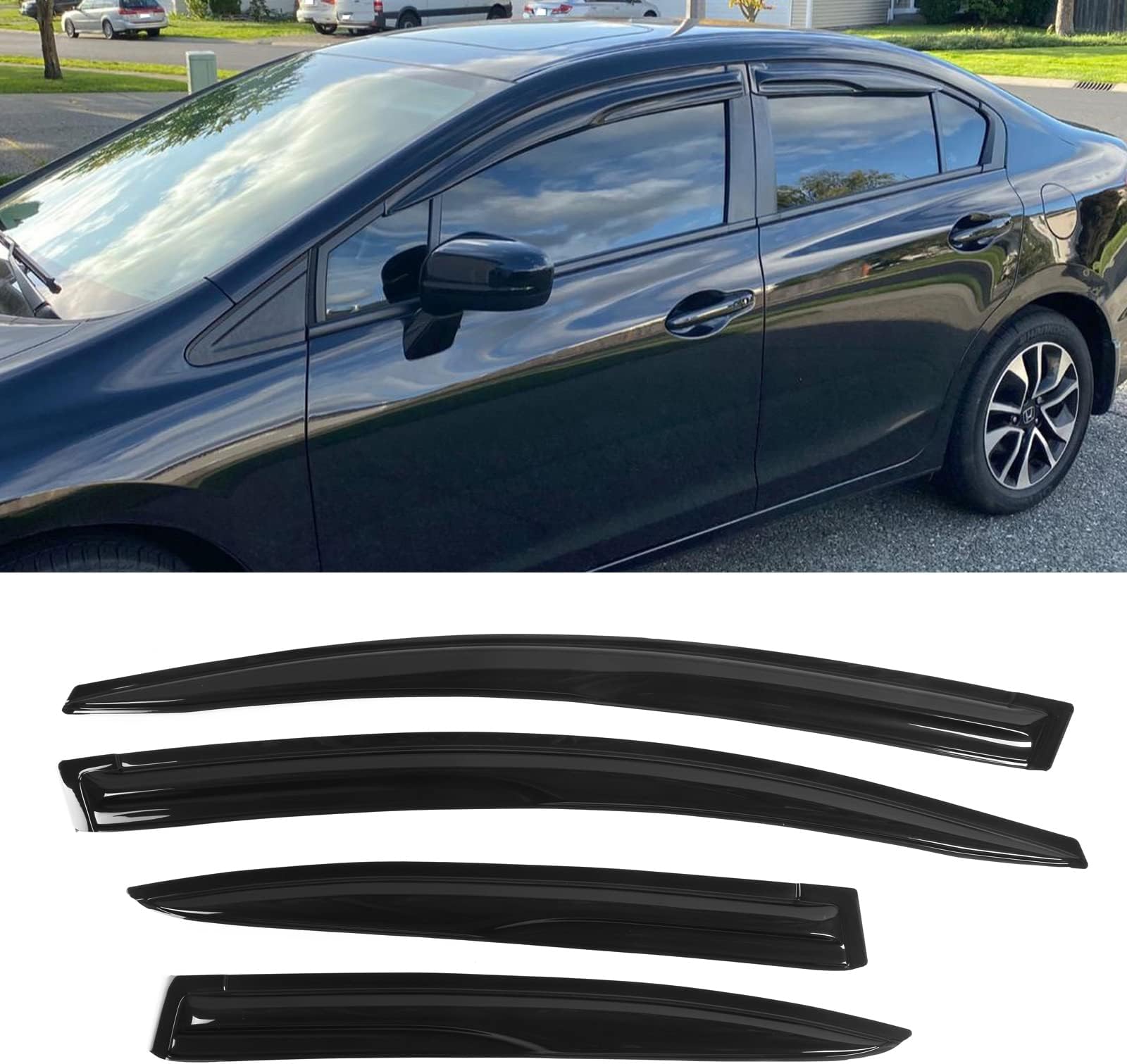 FREEMOTOR802 Tape-on Window Visors Compatible with 2012-2015 Honda Civic Sedan 4-Door, Side Wind Deflectors Rain Guards Vent Visors, Mugen Style Smoke Tinted Acrylic 4 Pieces