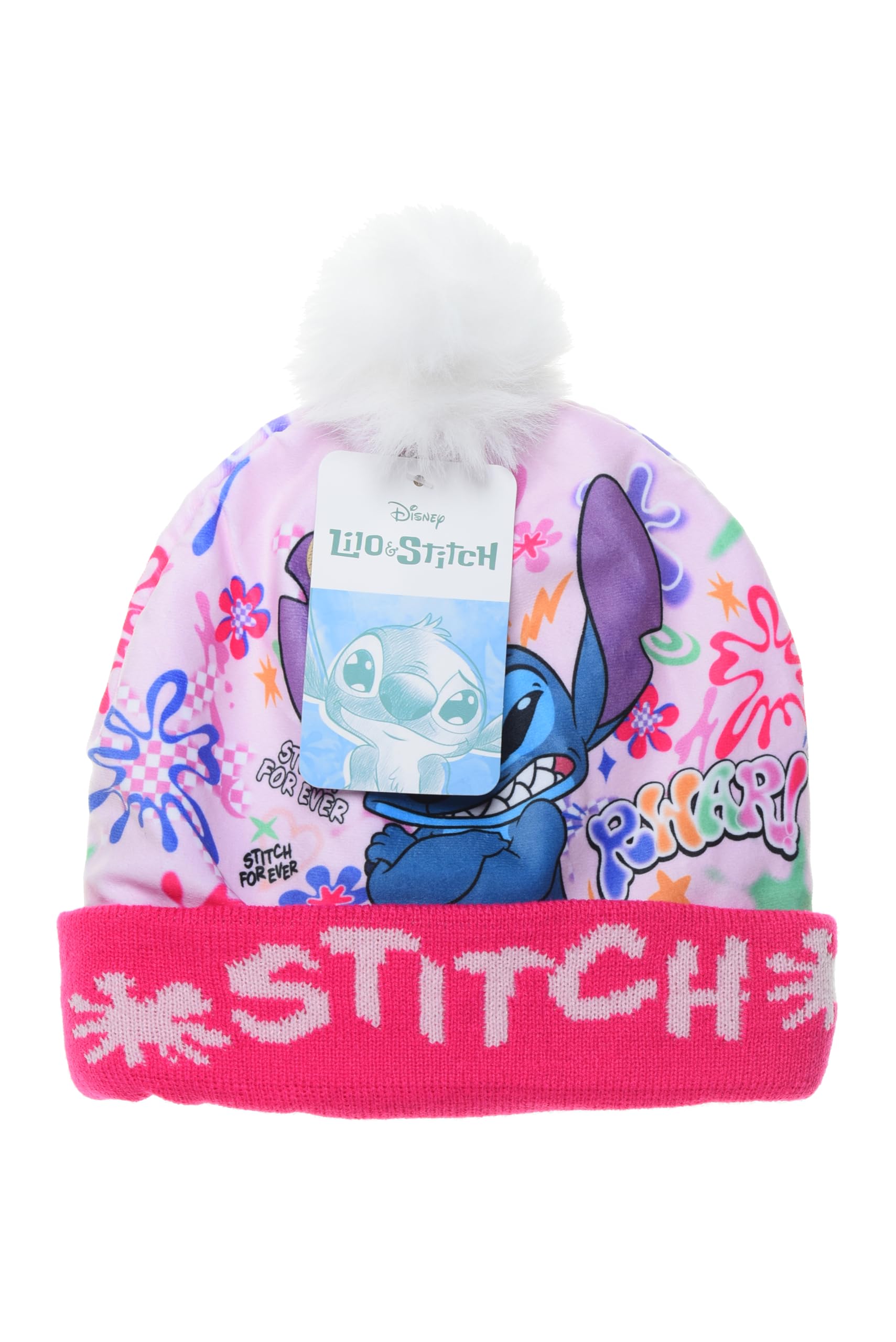 Disney Lilo and Stitch Girls Winter Hat with PON PON Stitches, Fuchsia, 54