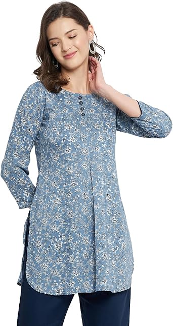 Tissu Womens Rayon Blue & White Floral Printed Kurti Tunic