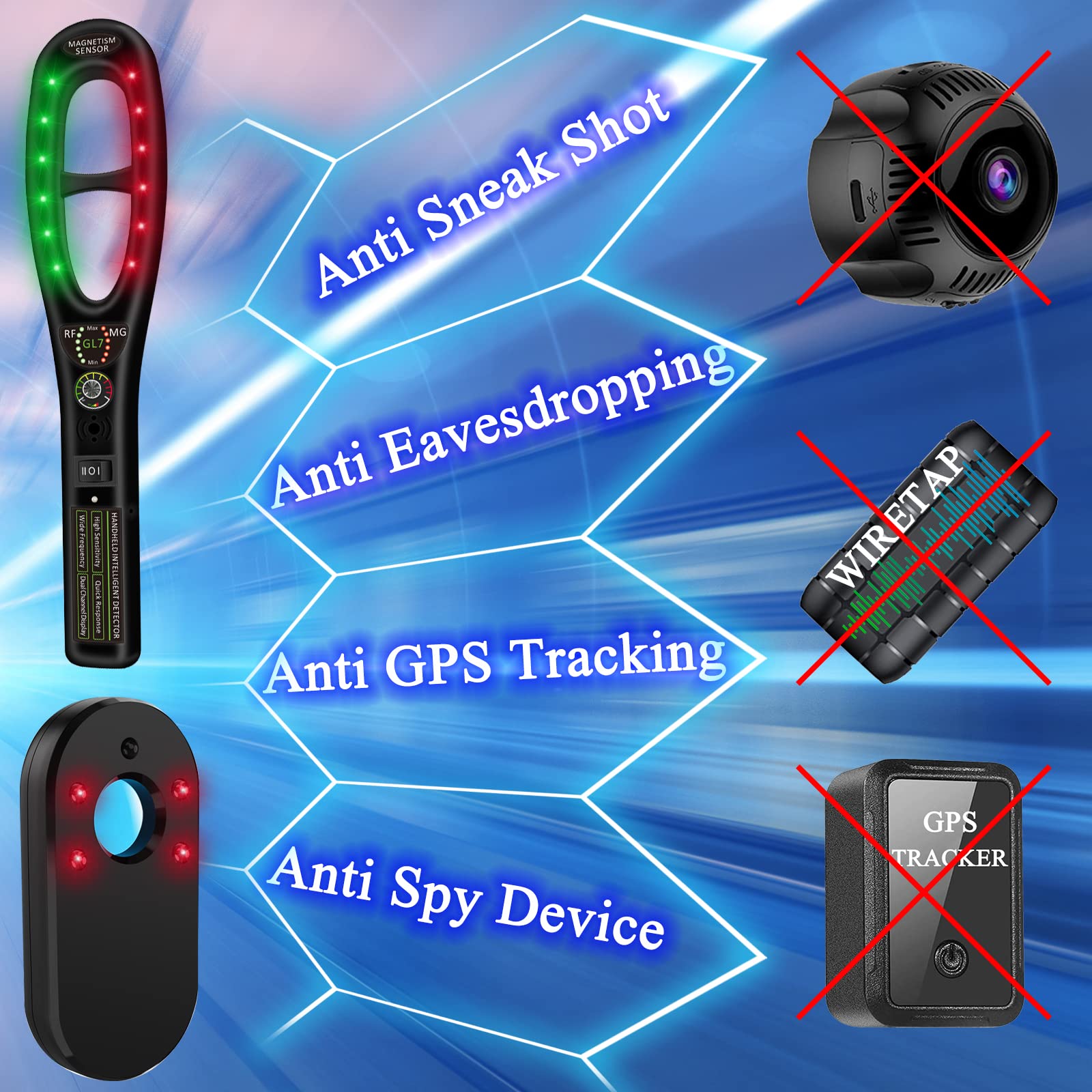 Détecteur de Micro Espion et de Caméra Cachée, Détecteur RF et de Traceur GPS pour Voiture avec Détection Magnétique, Portable Rechargeable pour Hôtel, Bureau, Maison et Voyage, Noir