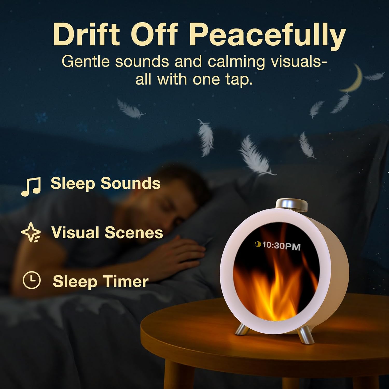 Dekala ChronoSense Alarm Clock with sleep sounds and visual scenes for peaceful sleep.