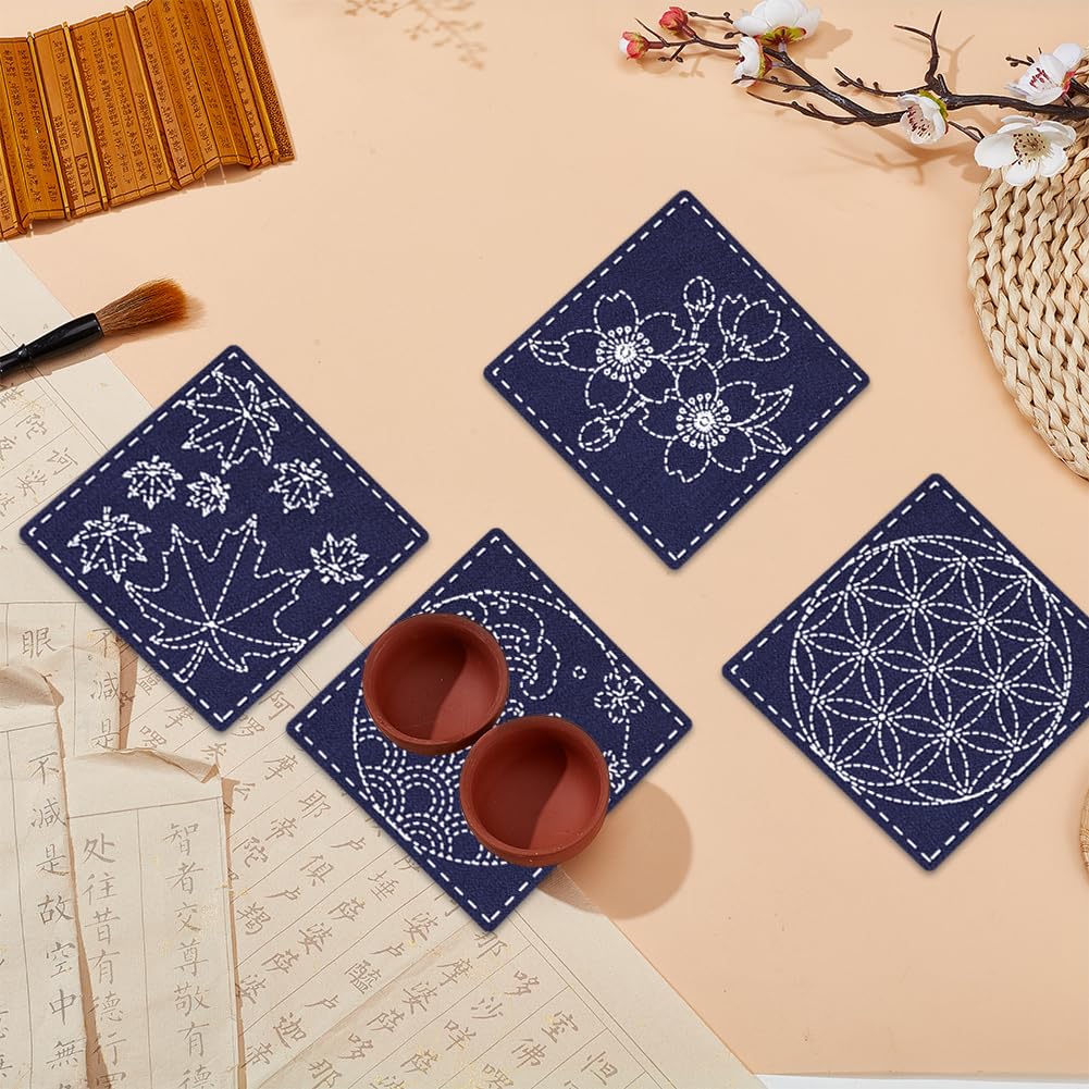 Sashiko Kit De Broderie Japonaise FREEBLOSS Set De 4 Sous-Verres Sashiko Avec Gabarit Pour Débutant - Kit Kit Sashiko
