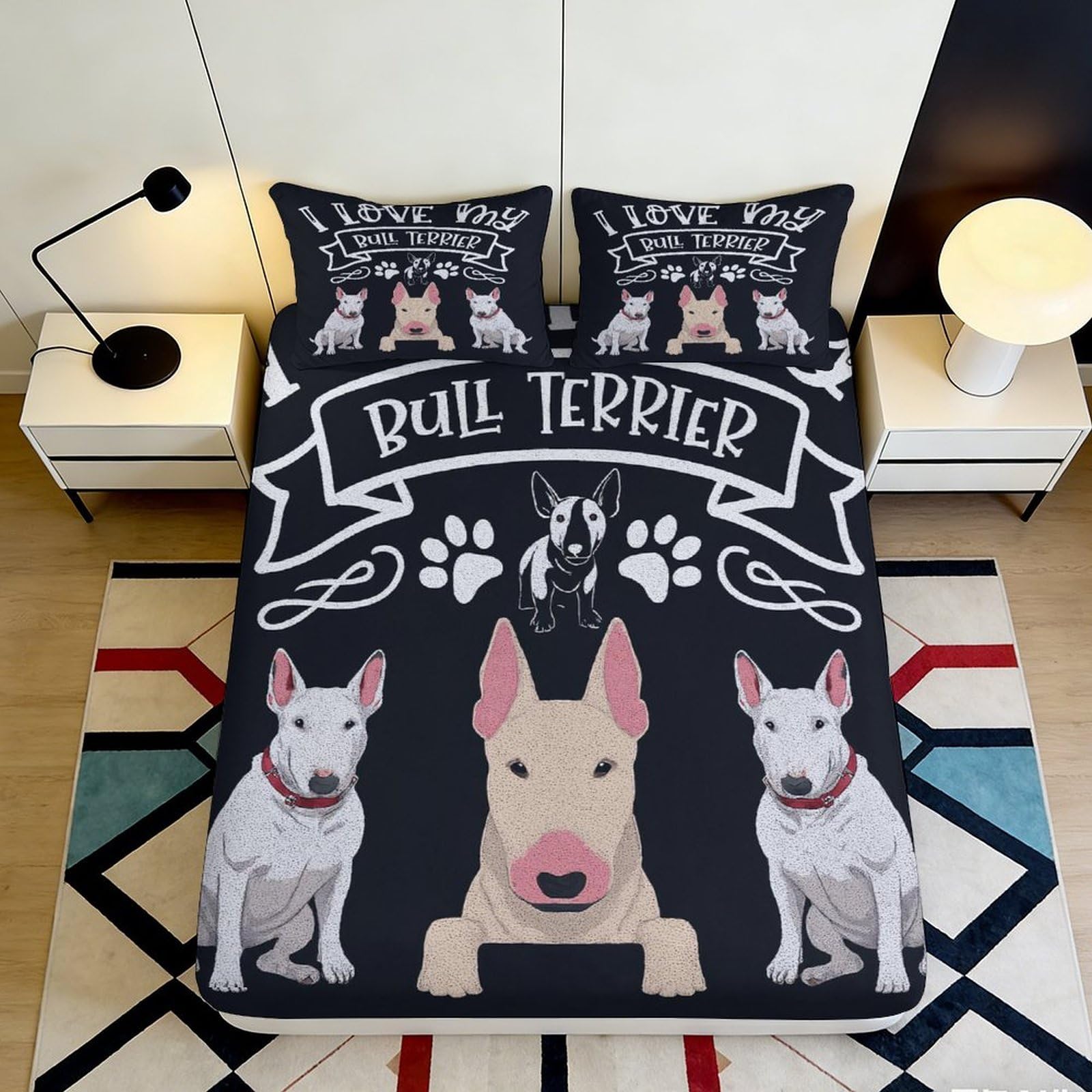 3D Printed Bull Terrier Pattern Fitted Sheet Microfiber Elastic Hem Bedroom Bedding Non-Slip Bull Terrier Mattress Fitted Cover Deep Pocket for Home 140x200x25cm