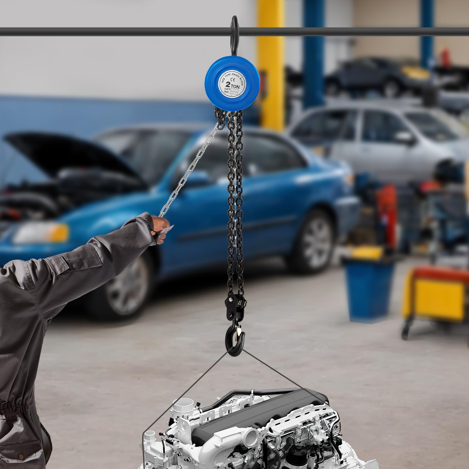Paranco a catena a mano, 2T/1T, 2,9 m, altezza di sollevamento, paranco manuale, per foreste e officina in occasioni, gancio girevole a 360° (blu, potenza di sollevamento: 2T)