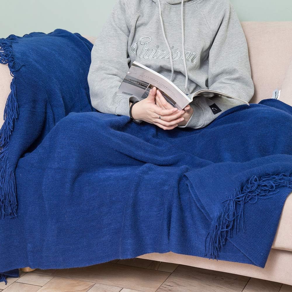 INSHERE Dark Navy Blue Solid Color Cotton Knit Woven Throw Blanket Cover with Tassel Fringe Soft Cozy Warm Winter Home Decor for Couch Bed Chair Sofa Living Room 51''x67''