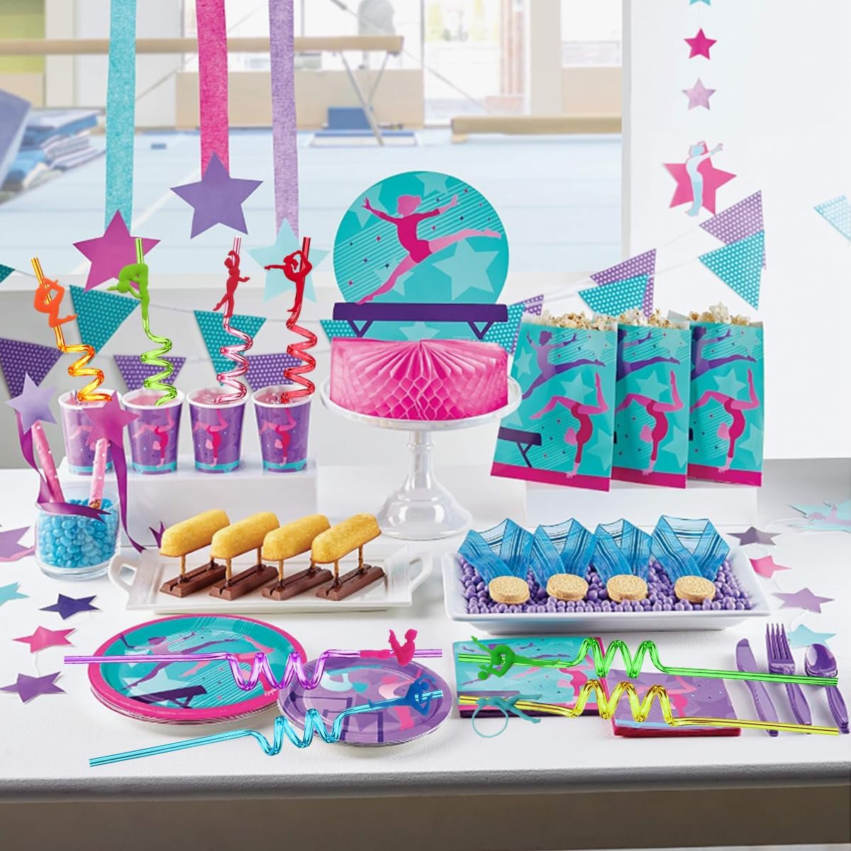 24pcs Gymnastics Party Favors, Reusable Disco Dance Party Straws Set