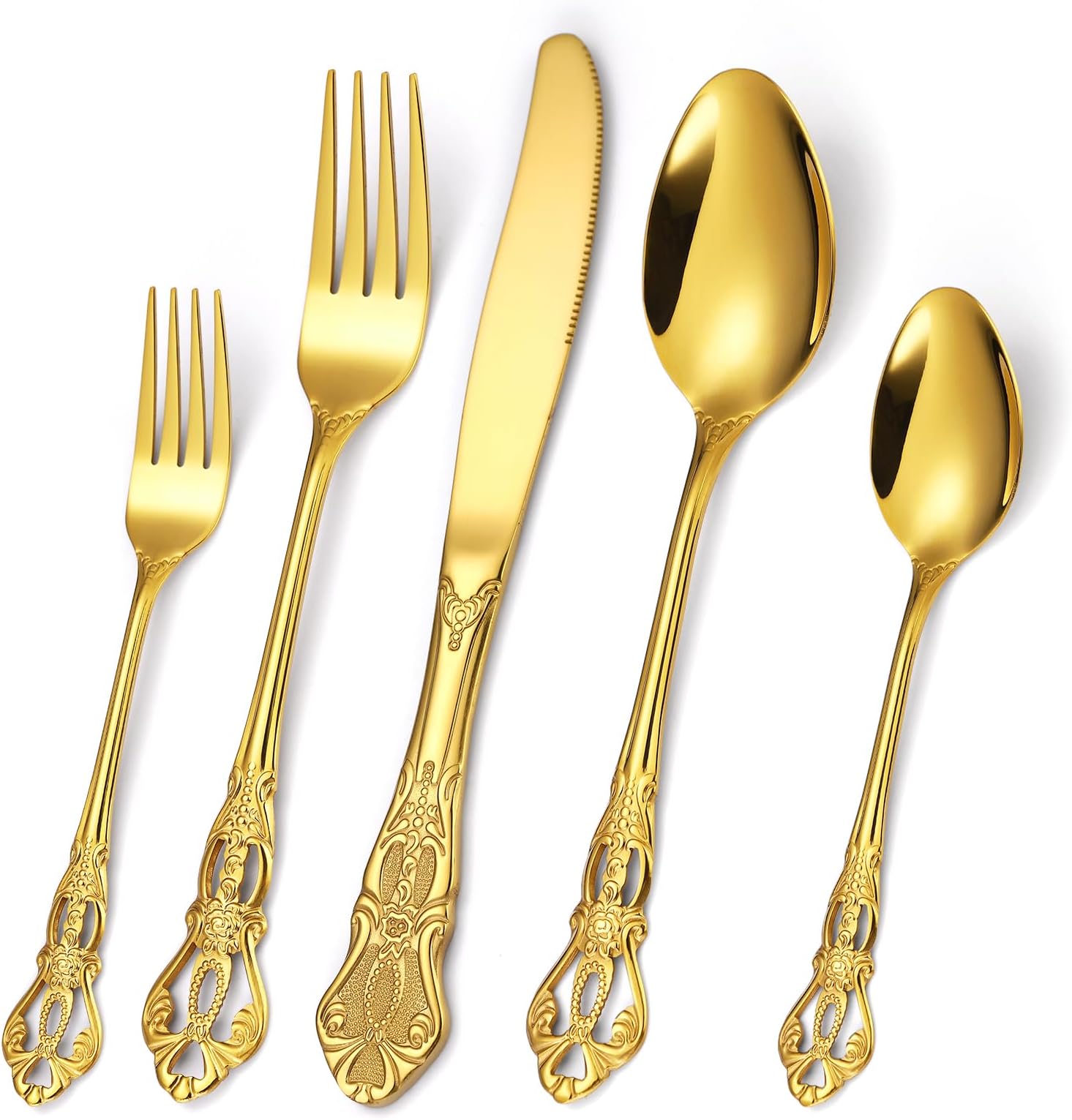 20 Pieces Gold Gorgeous Retro Silverware Set For 4, Flatware Set 18/0 Stainless Steel,Service for 4,Anti-rust Dark Utensils Fork Spoon Knife,Antique Baroque Style Cutlery Set,Dishwasher Safe