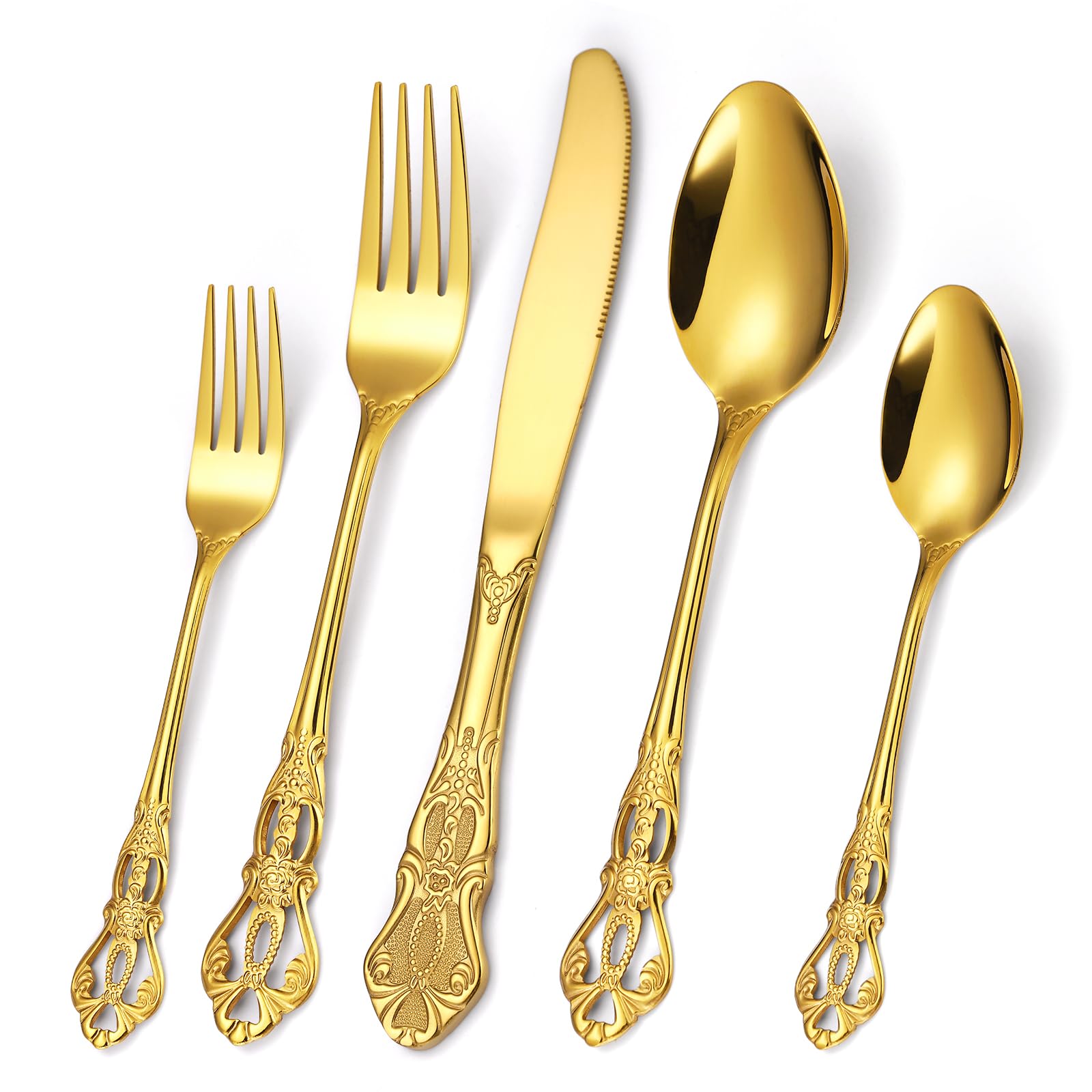Gold Silverware Set For 4,Gorgeous Retro 20 Pieces 18/0 Stainless Steel Flatware Set,Service for 4,Anti-rust Dark Utensils Fork Spoon Knife,Antique Baroque Style Cutlery Set,Dishwasher Safe