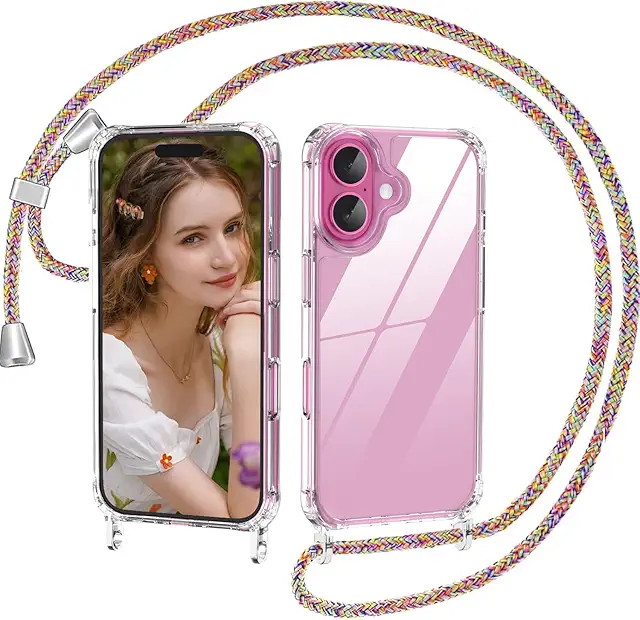 Nupcknn Transparent Rope Case for iPhone 16 Plus with Hanging Strap - Mobilskal med rem