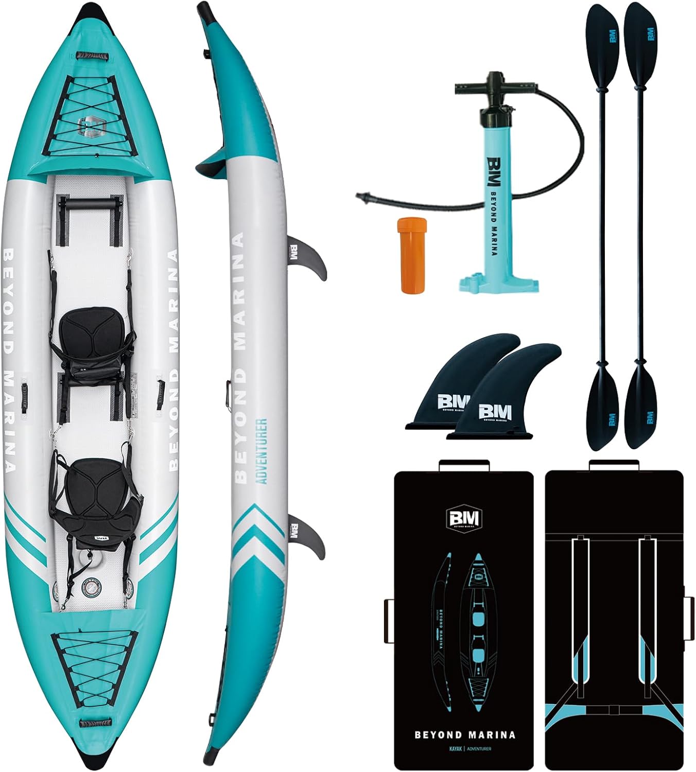 Inflatable Kayak 2 Person Adult - BEYOND MARINA Tandem Kayak with Drop Stitch Floor, Touring Kayak with Aluminum Paddles, Seats, Footrests, Pump, Fins, Adventurer 12.5ft