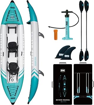 Inflatable Kayak 2 Person Adult - BEYOND MARINA Tandem Kayak with Drop Stitch Floor, Touring Kayak with Aluminum Paddles, Seats, Footrests, Pump, Fins, Adventurer 12.5ft