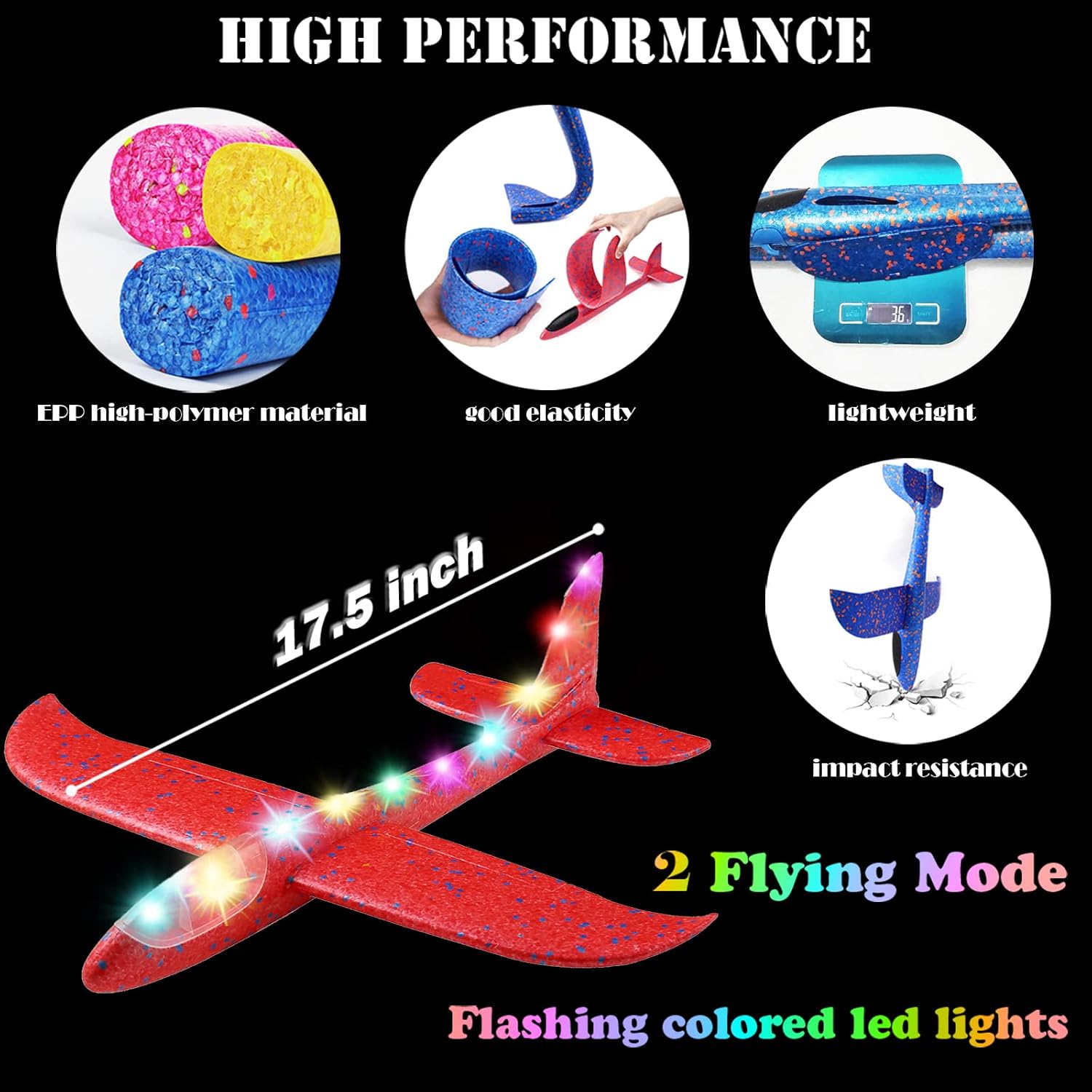 MIMIDOU 4 Pack Flashing Glider Plane, Illuminated Colored led Lights can Play at Night, Foam Airplane Have 2 Flight Mode, The Best Airplane Toys Gift.