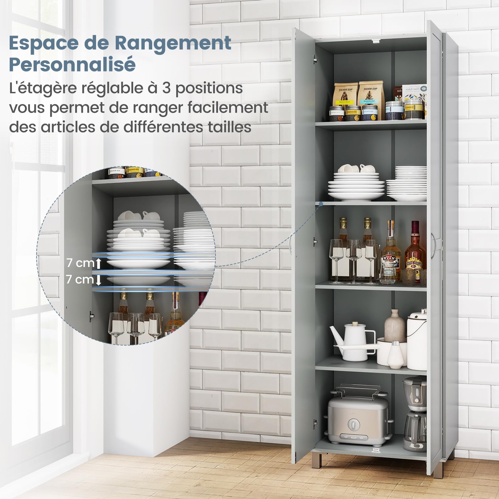 COSTWAY Armoire de Rangement 187 cm, Armoire Chambre 2 Portes, Étagère Réglable, Pieds en Métal, Dispositif Anti-Basculement, Meuble Rangement pour Cuisine, Dressing, Vêtement, 60x39x187cm (Gris)