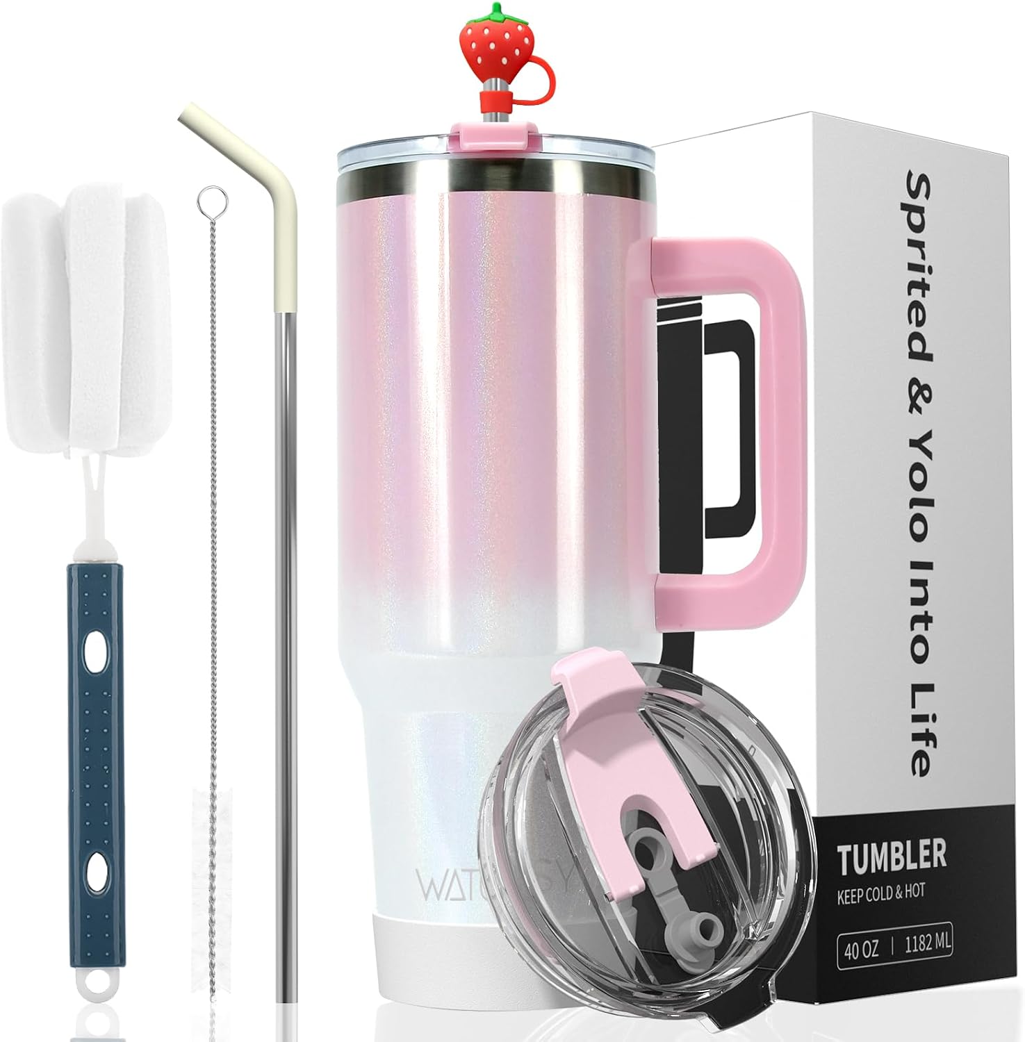 WATERSY 30oz Tumbler with Straw and Lid, Travel Mug Coffee Cup with Handle, Stainless Steel Double Wall Vacuum Insulated Coffee Water Bottle Thermal for Cold Hot Coffee 891ml Shiny Pink White