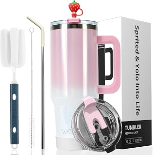 WATERSY Dwuścienny kubek termiczny 30oz na kawę do noszenia Termokubek ze stali nierdzewnej, szczelny, kubek do picia z uchwytem i słomką, termos z różowym i białym połyskiem