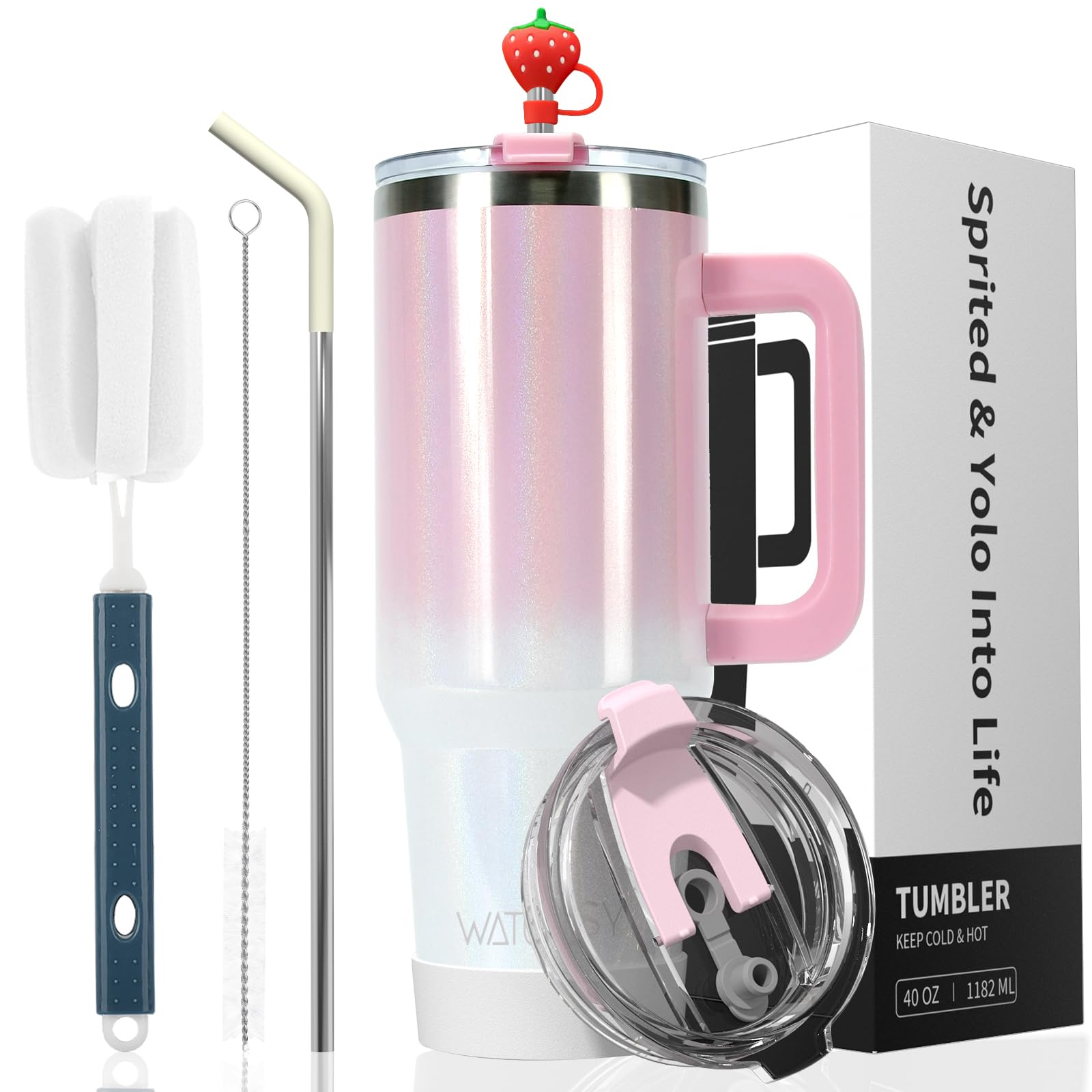 WATERSY Doppelwandiger 30oz Kaffeebecher to Go Thermobecher Edelstahl Vakuum Auslaufsicher Trinkbecher mit Griff und Strohhalm Thermoskanne Rosa Weiß Glänzend