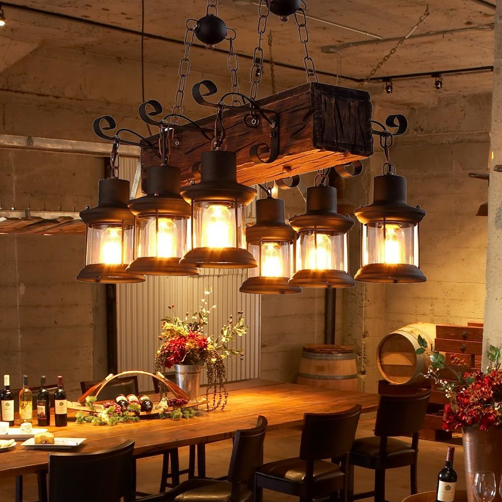 Plafonnier Rétro Vintage Industriel Lumière Double Tête Antique Lustre En Bois Métal Verre Réglable En Hauteur Lumières Chambre Lampe Restaurant Bar E27 Lampe Noir