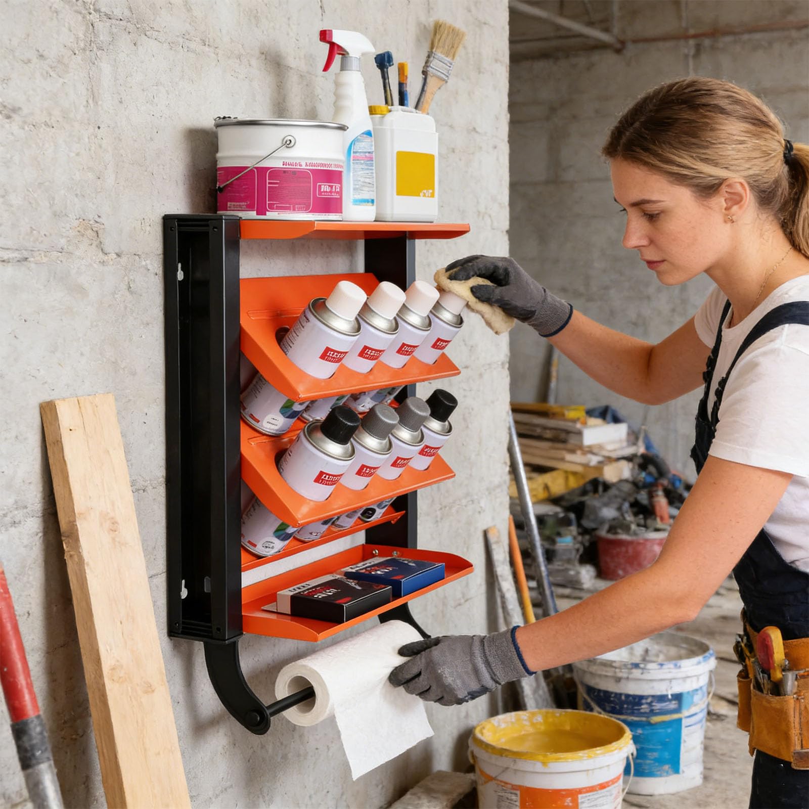 Organizador de pared para botellas de pintura, 8 soportes para latas, 2 estantes, barra de toalla para almacenamiento, fácil instalación