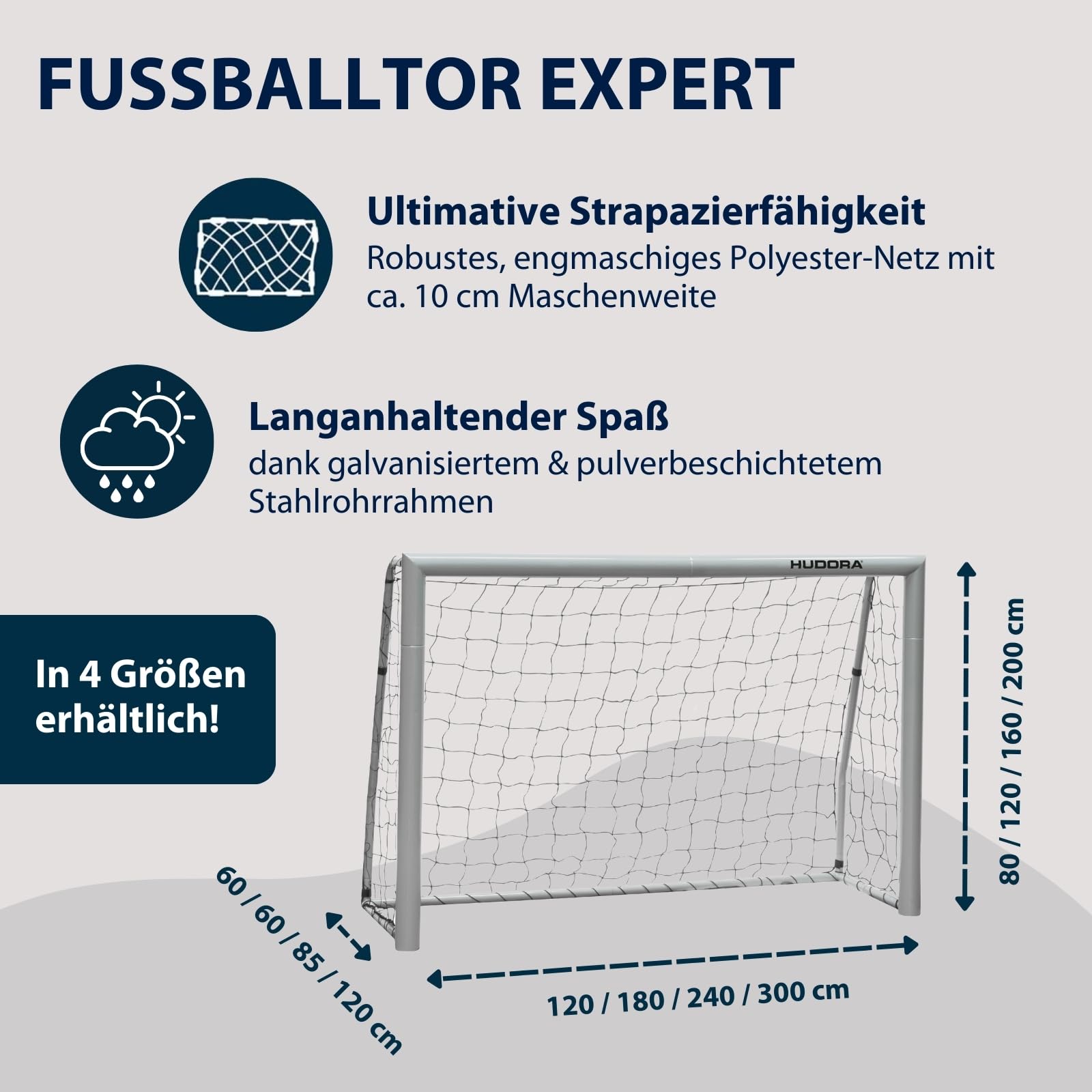 HUDORA Fußballtor Expert - großes Outdoor-Tor für Kinder und Erwachsene - wetterfestes und standfestes Tor mit engmaschigem Netz - Hochwertige Outdoor Torwand für Freizeit und Training