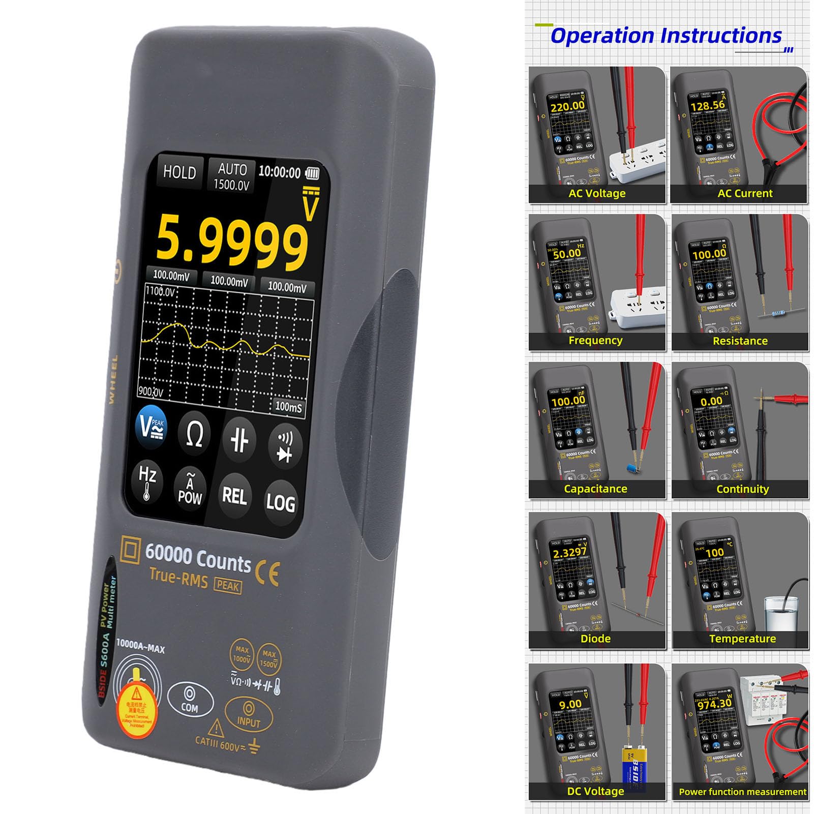 Multimetro Touch Screen per Tester per Pannelli Solari, 60000 | Misuratore di Energia Solare, TFT da 3,98 Pollici, Ricaricabile 3000 MAh, Registratore Dati, ABS, Test Fotovoltaico