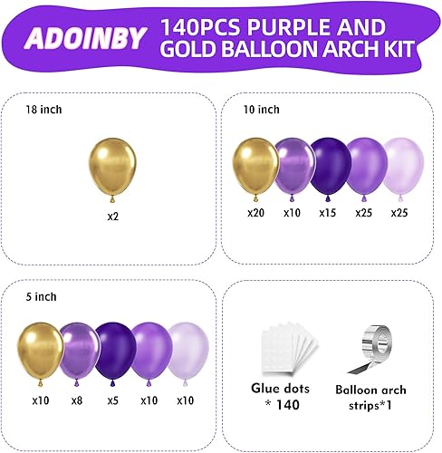 Miniatura 2 de Juego de arco con globos morados y dorados, 140 piezas, globos metálicos morados oscuros, dorados, lavanda, lila, morados metálicos con globos