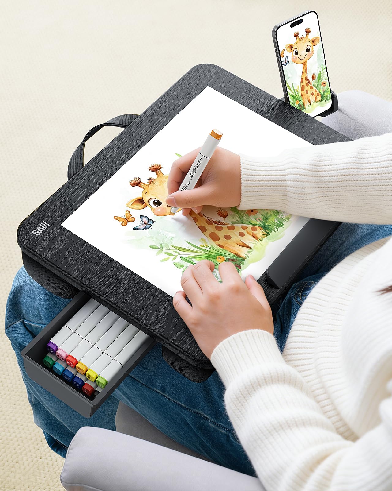 Tablette ordinateur portable genoux 15.6 pouces avec coussin microperles et encoche téléphone