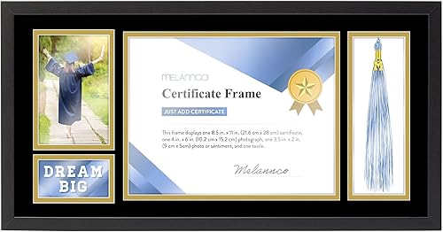 Melannco Marco de diploma de madera mate negra de 23 x 12 pulgadas, el marco muestra un certificado de 8.5 x 11 pulgadas, una foto de 4 x 6