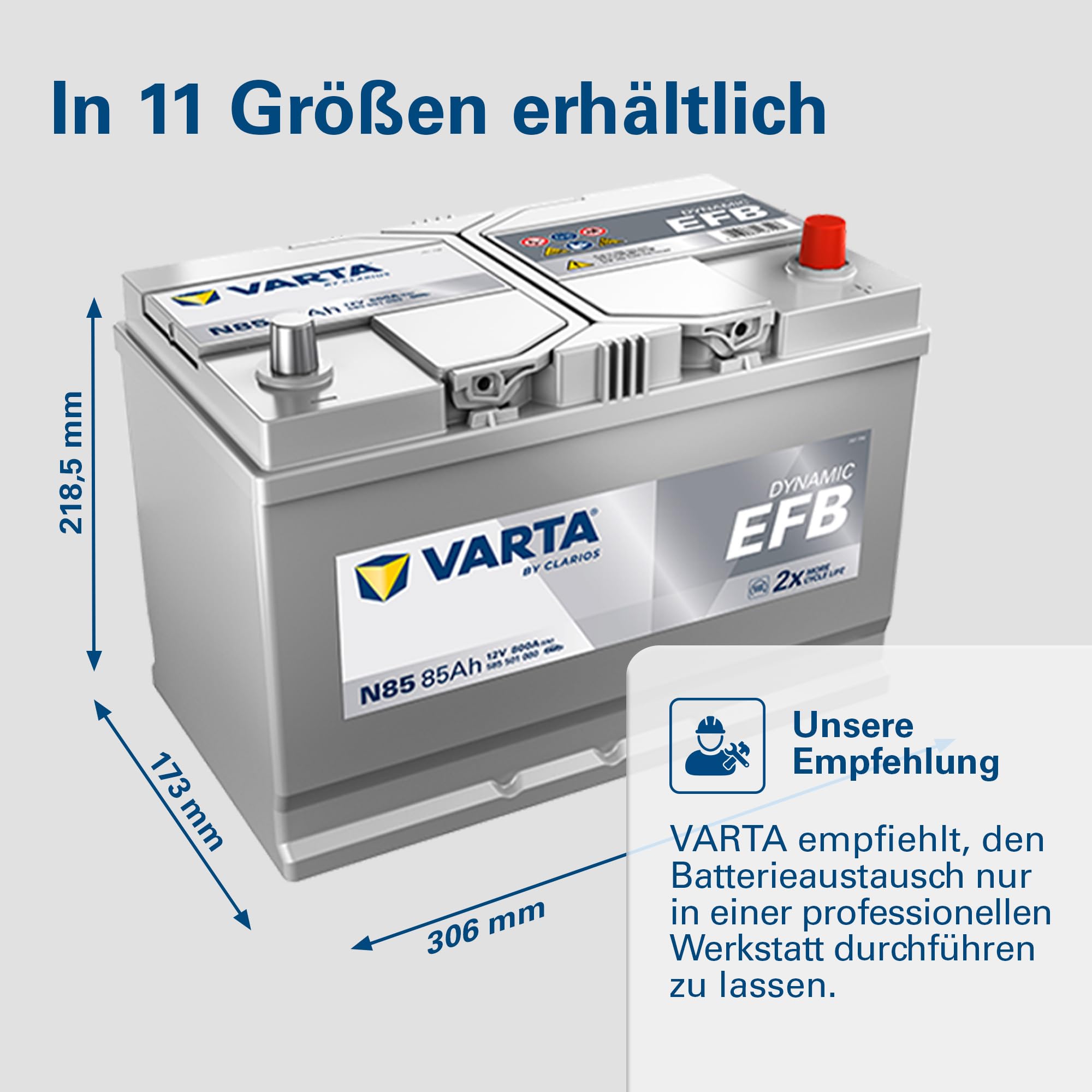 VARTA Automotive DYNAMIC EFB (N85) 12V 85Ah 800A - Nassbatterie für Start-Stopp Systeme - Starterbatterie für Autos mit erhöhtem Energiebedarf - Wartungsfreie Bleisäurebatterie | Starterbatterie für Autos mit erhöhtem Energiebedarf - Wartungsfreie Bleisäu