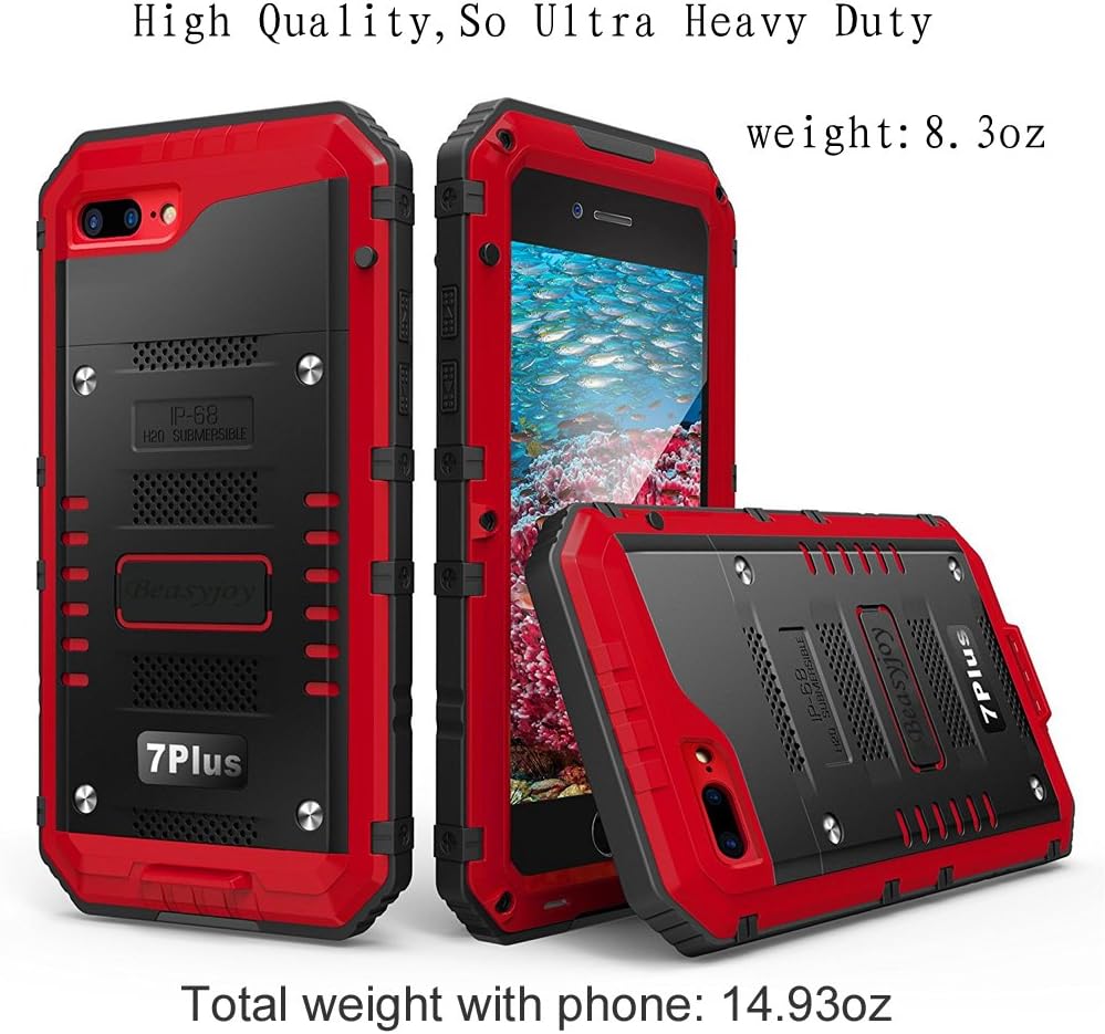 New Deal Beasyjoy iPhone 8 Plus Case iPhone 7 Plus Metal Case, Waterproof Full Body Protective Case with Screen Protector, Heavy Duty Rugged Shockproof Tough Military Grade Defender Case, Red