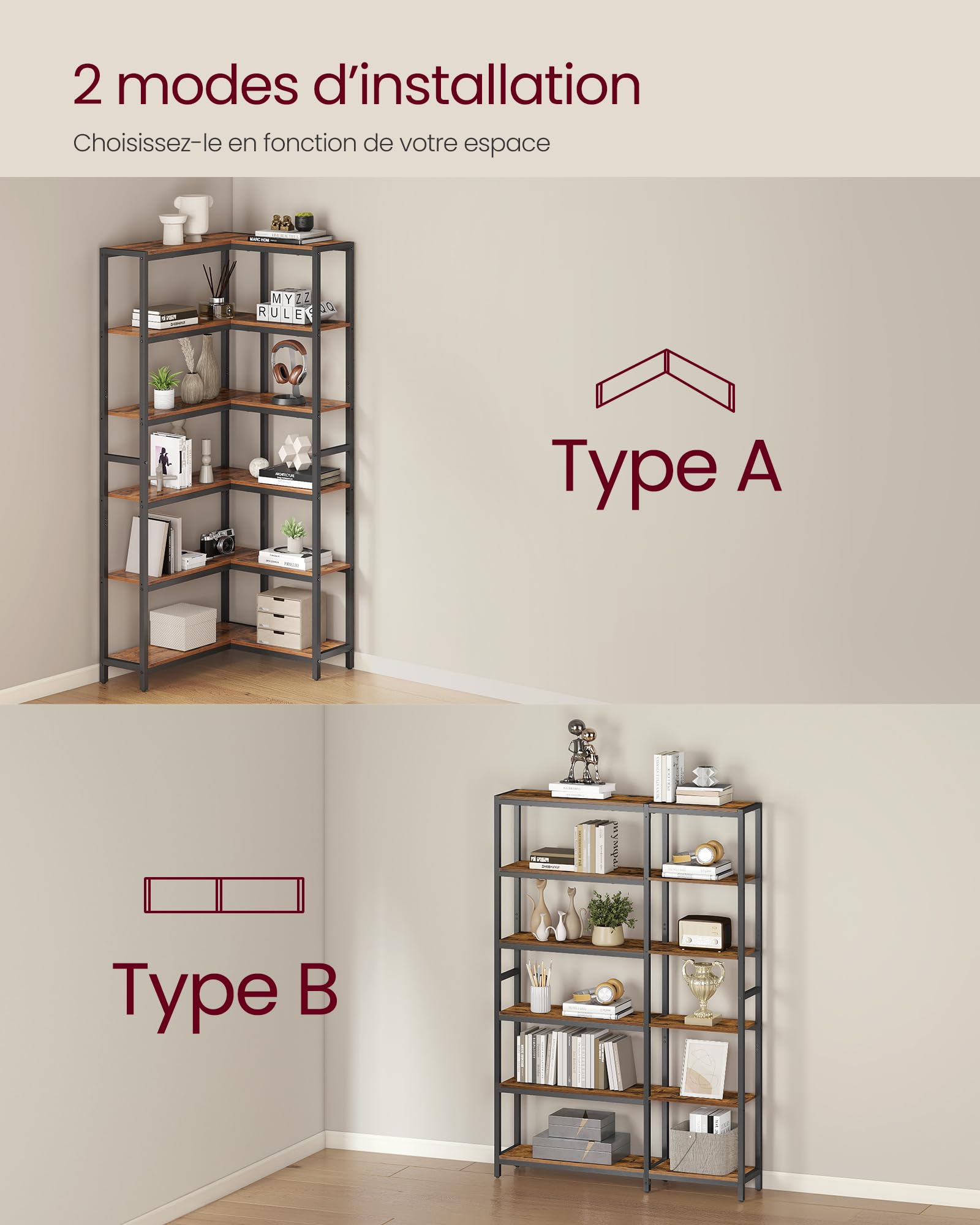 VASAGLE Bibliothèque à 6 Niveaux, Bibliothèque d’Angle, Étagère de Rangement, 24 x 102 x 175,2 cm, Style Moderne, pour Salon, Chambre, Bureau, Marron Rustique et Noir d'encre LLS606K01