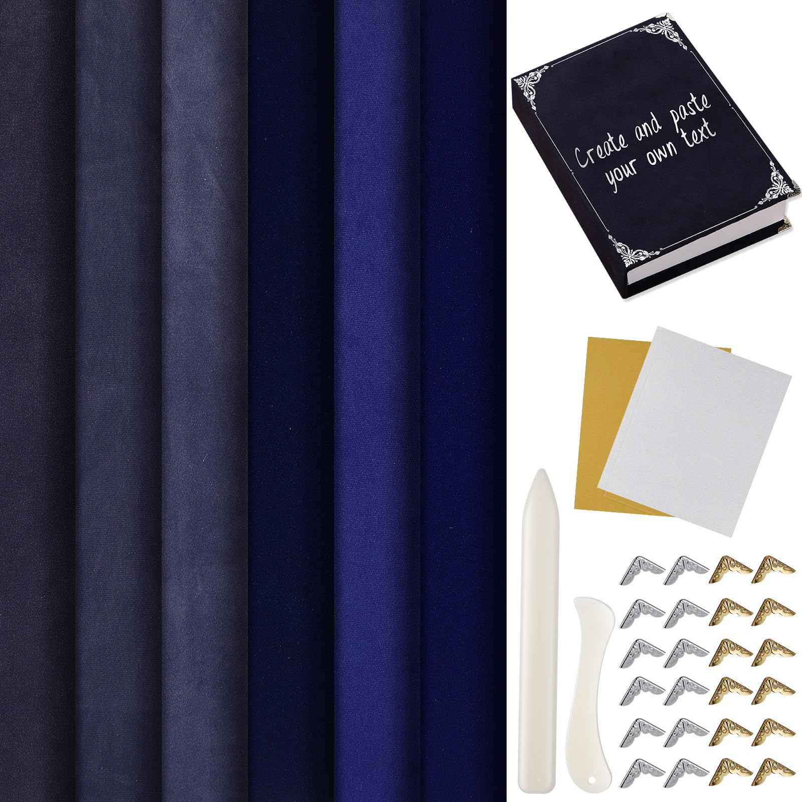 Humyoun Book Binding Cloth Kit, Includes 12''x16'' Bookcover Cloth Fabric 24 Decorative Corners 3 Iron on Vinyl Sheets Bone Folder Tools, Backing Paper,for Old Book DIY Craft Supplies(Blue Series)