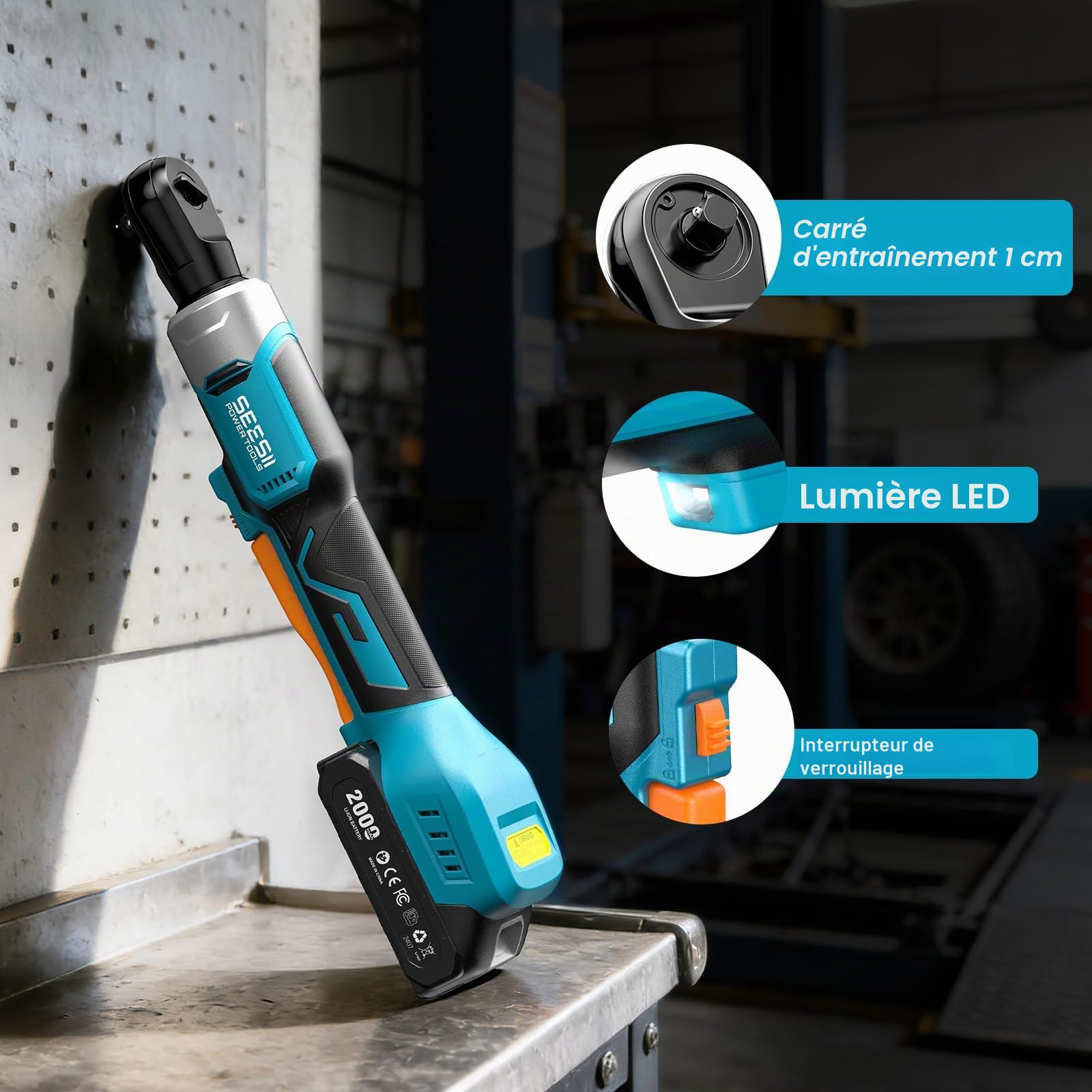 Seesii 3/8" Clé à cliquet électrique, 80 Nm 21V Max & 2×2,0 Ah batteries, 0–300 tr/min Jeu de clés à cliquet sans fil comprenant jeu de douilles 10 à 17 mm, adaptateurs 1/4" & 1/2" et rallonge de 3"