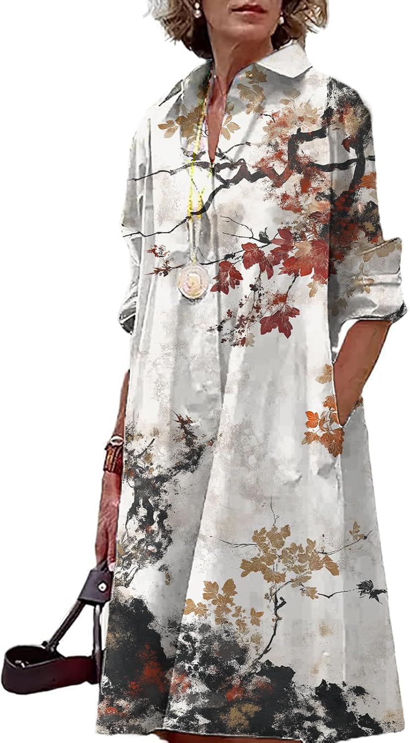 domirica Button Down Shirt Dress for Women Floral Long Sleeve Collared A Line 2025 Summer Fashion Trendy Casual Midi Dress
