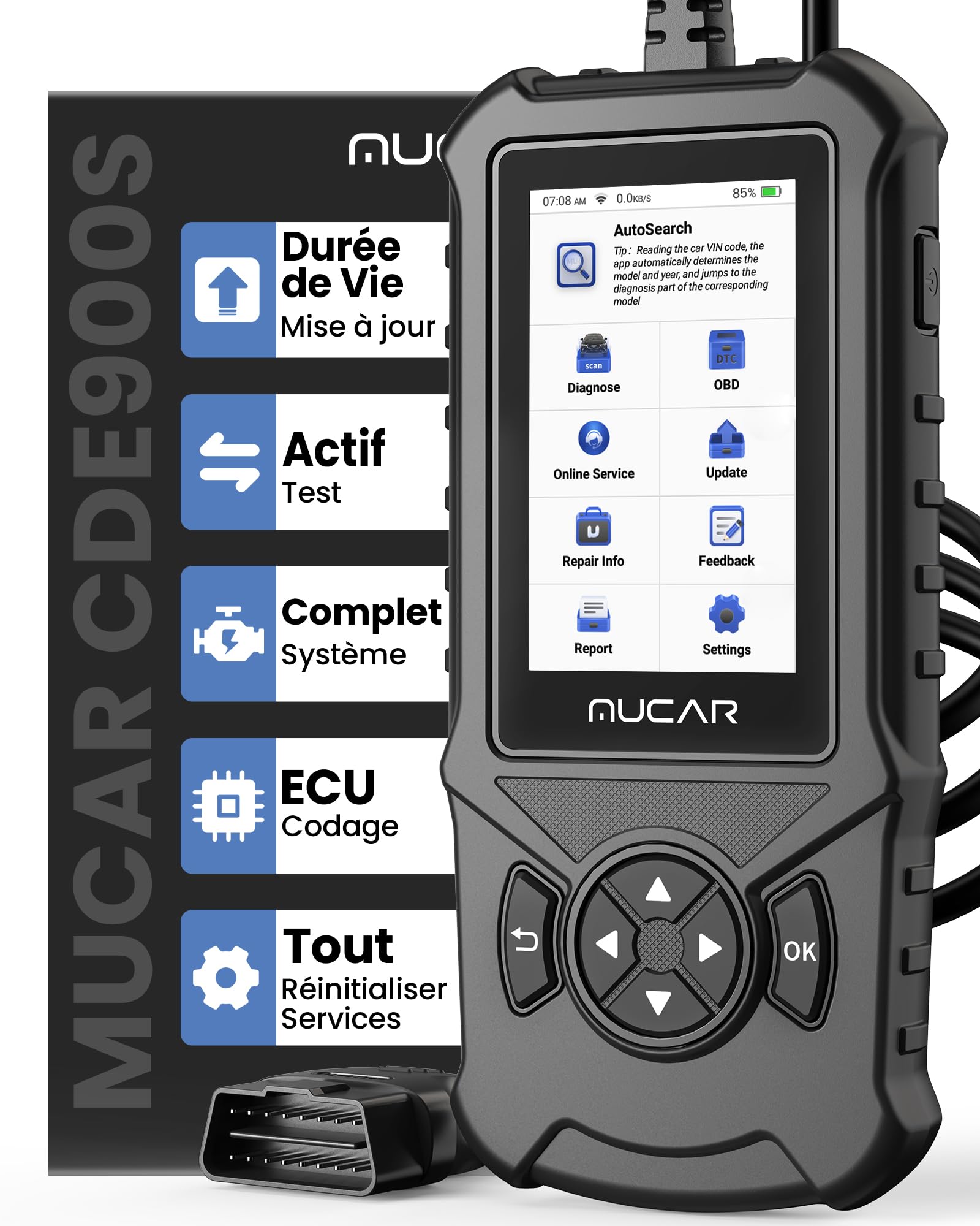 mucar CDE900S Valise Diagnostic Auto Compatible avec Peugeot, Citroën, Renault,Outil de Diagnostic Complet du Système, 40+ Services de Réinitialisation, Test Actif, Codage ECU