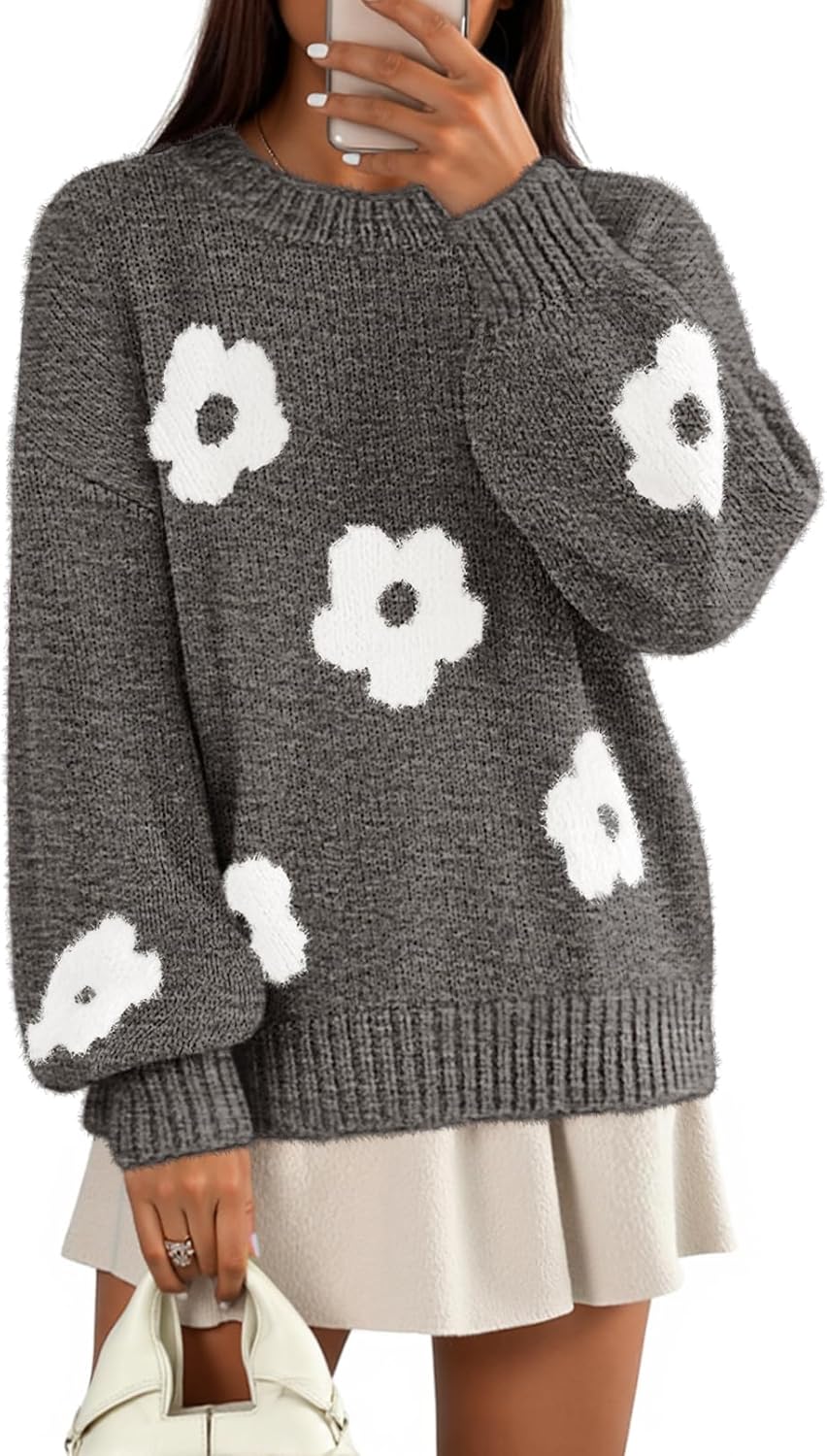MEROKEETY Women's 2025 Fall Floral Sweater Cute Long Lantern Sleeve Crewneck Knit Pullover Tops