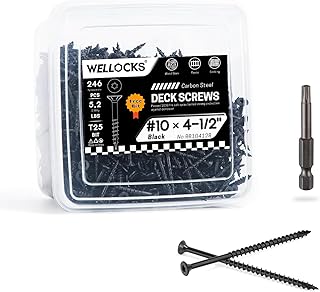 WELLOCKS Deck Screws,Black, Rust-Resistant, Salt Spray Resistant, Epoxy Coated, T25 Torx Bit Included for Wood Fence, Decking & Outdoor US (5.2LBS Black, #10×4-1/2")