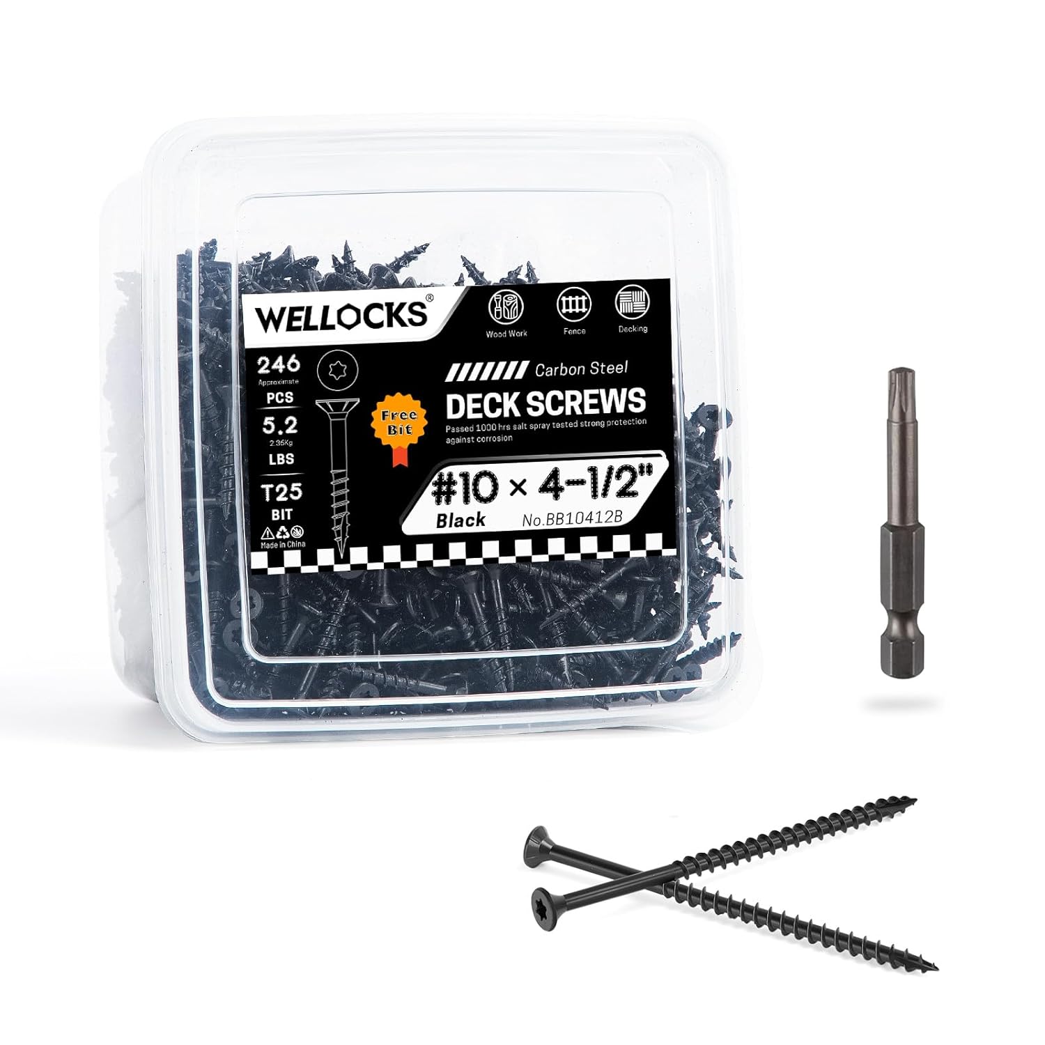 WELLOCKS Deck Screws,Black, Rust-Resistant, Salt Spray Resistant, Epoxy Coated, T25 Torx Bit Included for Wood Fence, Decking & Outdoor US (5.2LBS Black, #10×4-1/2")