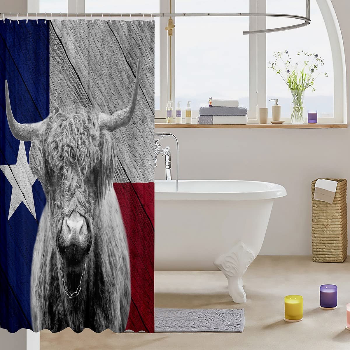 Cinbloo Tenda Da Doccia Con Mucca Delle Highlands, Grigia, 162x182 Cm, Stile Vintage Western, Con 12 Ganci