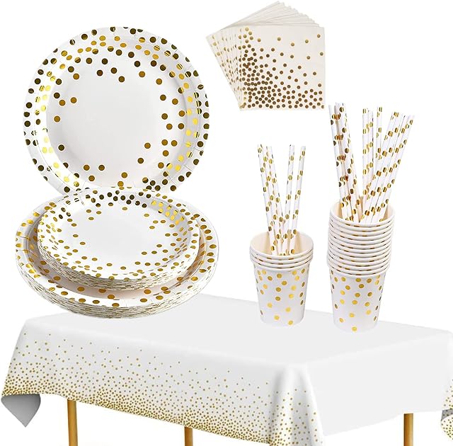 TOPWAYS White Gold Party Supplies Set, Party Tableware Included Gold Dots Tablecloth Paper Party Plates Cups Straws Napkins Dinnerware Set for Birthday, Weddings, Anniversary Decorations (16 Guests)