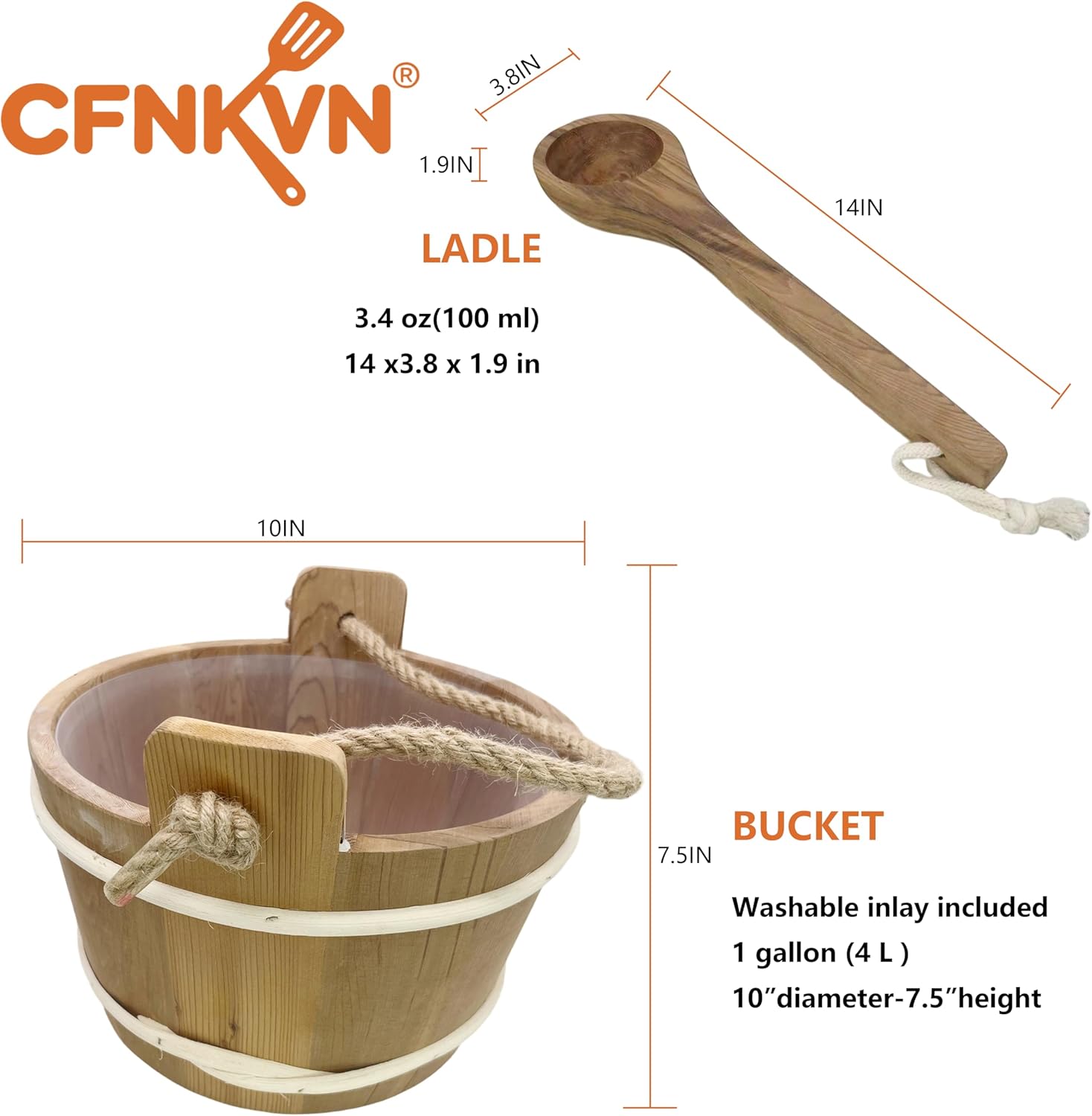 Sauna Bucket and Ladle Set - Handmade from Finnish Pine Wood with Natural Rope Handle, 1 Gallon (4L) Capacity, Traditional Wooden Sauna Accessories for Steam Room & Home Spa