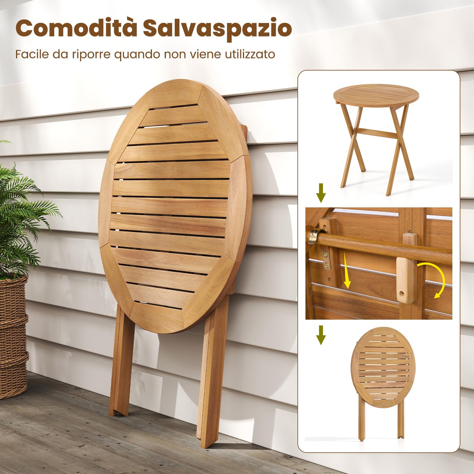 COSTWAY Tavolo Pieghevole da Esterno, Tavolo Bistro Rotondo Ø 67 cm, Legno di Acacia, Struttura a X, Piano a Doghe, per Giardino, Balcone, Cortile, Portata 80 kg