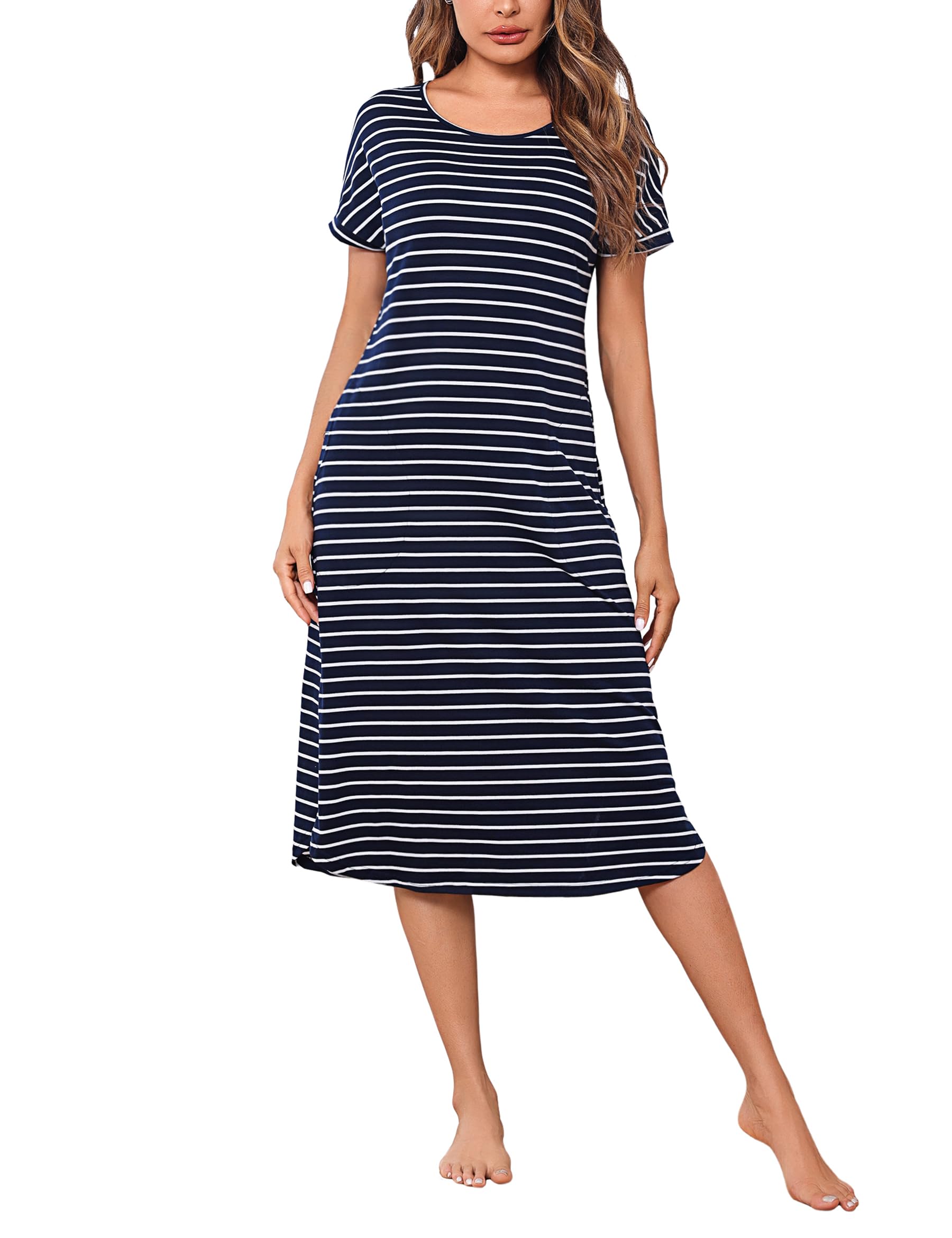 Litherday Nachthemd Damen Lang Nachtwäsche Kurzarm Streifen Schlafshirt aus 95% Baumwolle Loungewear Nachtkleid Sleepshirt mit Tasche