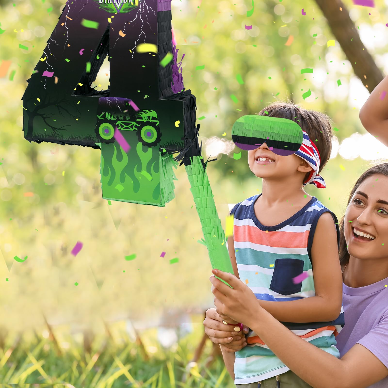 Piñata de camión – Paquete de piñata Monster Truck con venda para los ojos y murciélago para decoración de fiesta temática de piñata, piñata de coche genial para fiesta de cumpleaños, carnaval