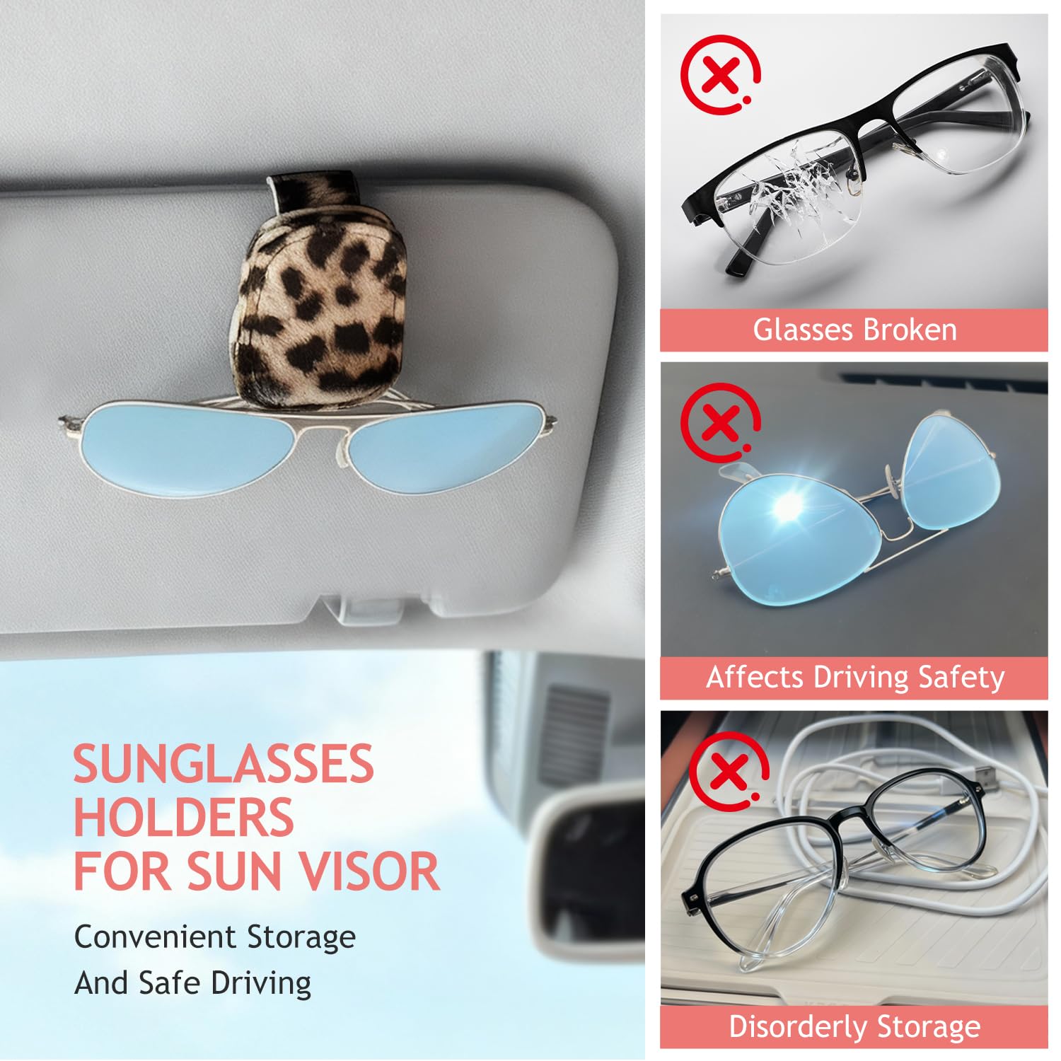 Sonnenbrillenhalter für Auto Visier, Gepard Leopard Magnet Sonnenbrillenhalter für Auto Leder Sonnenbrillenhalter und Ticketkartenclip Auto Visier Zubehör