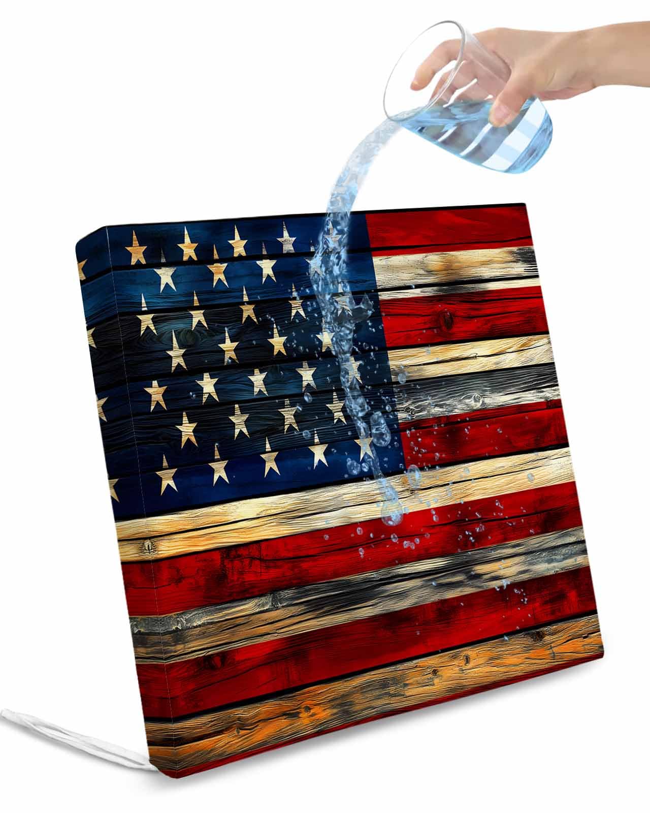 2 Pack Retro American Flag Waterproof Cushion Covers with Ties, Outdoor Patio Chaise Lounge Chair Seat Cushion Slip Covers Replacement(Only Cover) Blue Red USA Flag Vintage Wood 22