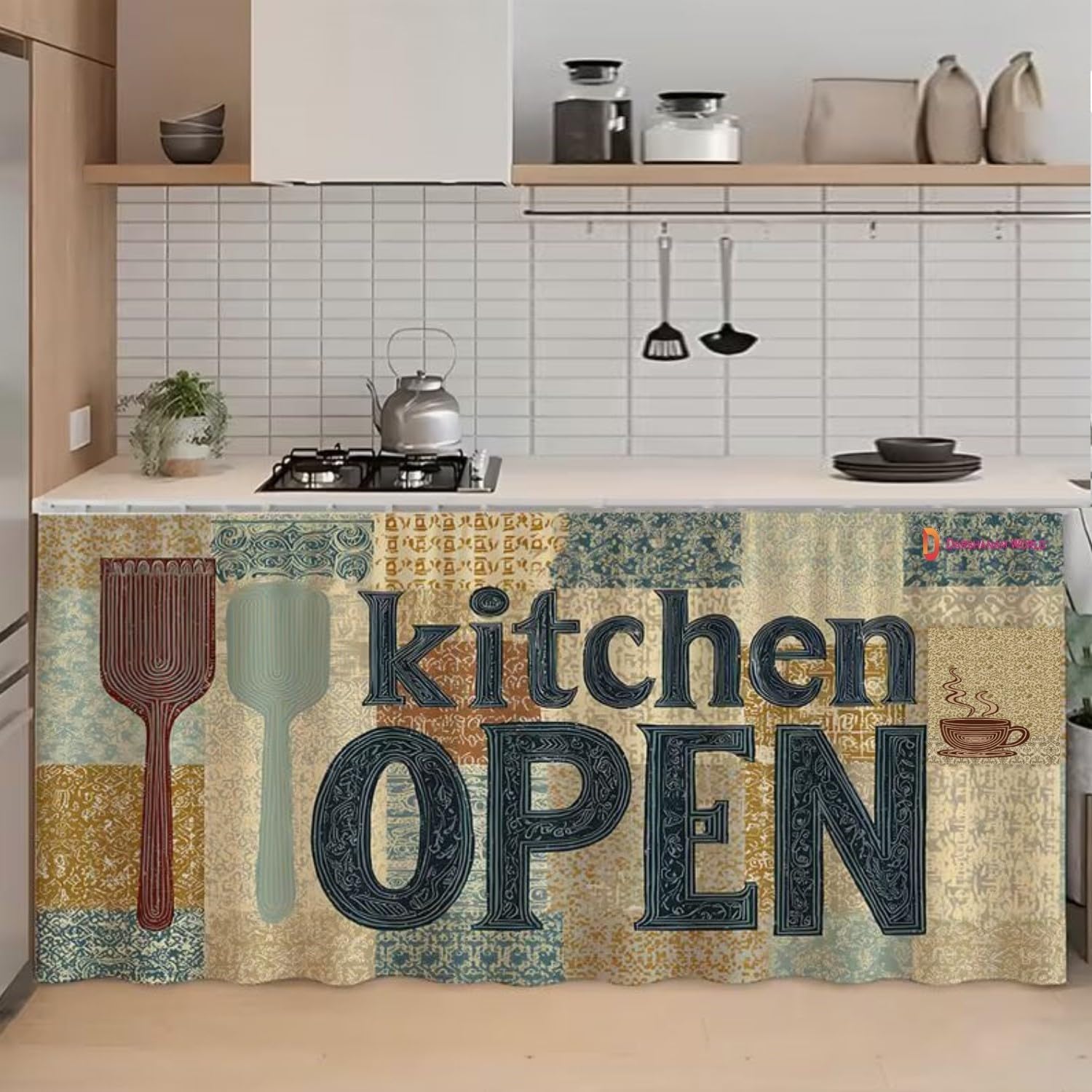 Pivotal KITCREXA Decorative Sink Curtain for Kitchen | Pack of 2 | Under-Sink Cover | Printed Fabric Panel with Rod Pocket | Washable Storage-Hiding Curtain for Modern Home Décor (1, Open KITCH)
