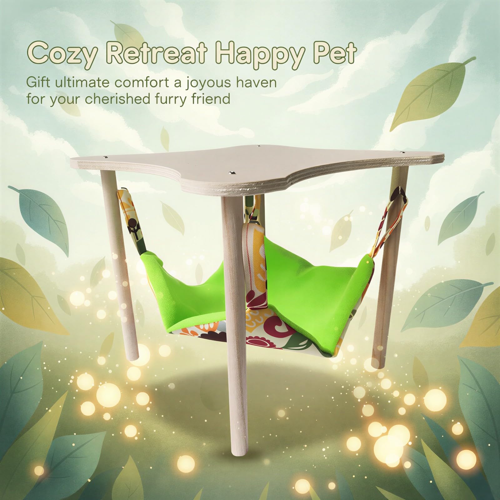 Meerschweinchen-Hängematte, 2-in-1 Hängesitz für Chinchillas und Hamster, Holz-Standplattform 11,0 x 11,0 x 9,5 Zoll, zum Ausruhen, Klettern und Schlafen, grün gemustertes Hängeversteck