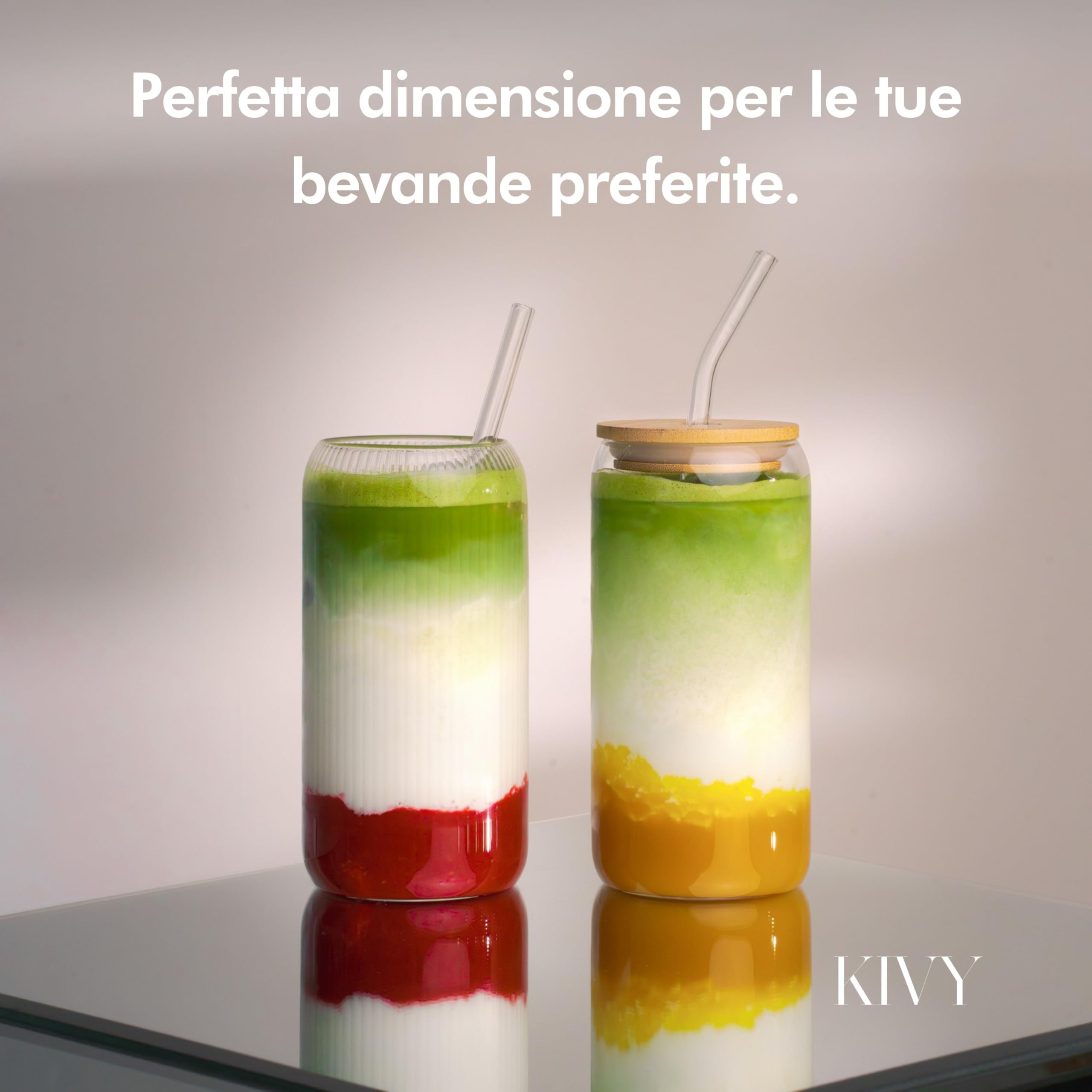 KIVY Bicchiere con Cannuccia Rigato [4x 450ml] Acqua, Caffè freddo e Matcha - Set Bicchieri Acqua Vetro - Bicchiere Vetro con Cannuccia - Bicchieri Ghiacciato - Senza BPA -Lavabile in Lavastoviglie