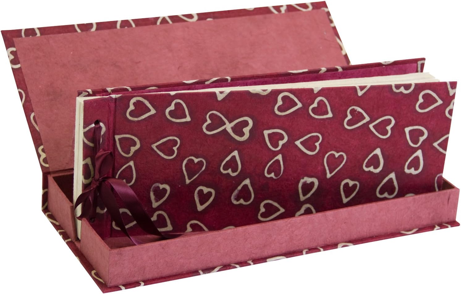 Anglesey Paper Company Boxed Panoramic Photo Album-Batik Hearts-Lokta Paper, Cranberry Red