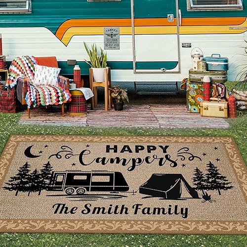 Alfombra de camping personalizada Happy Camper RV Remolque, decoración de campamento para exteriores, patio, picnic, playa, campamento, 48 x 72